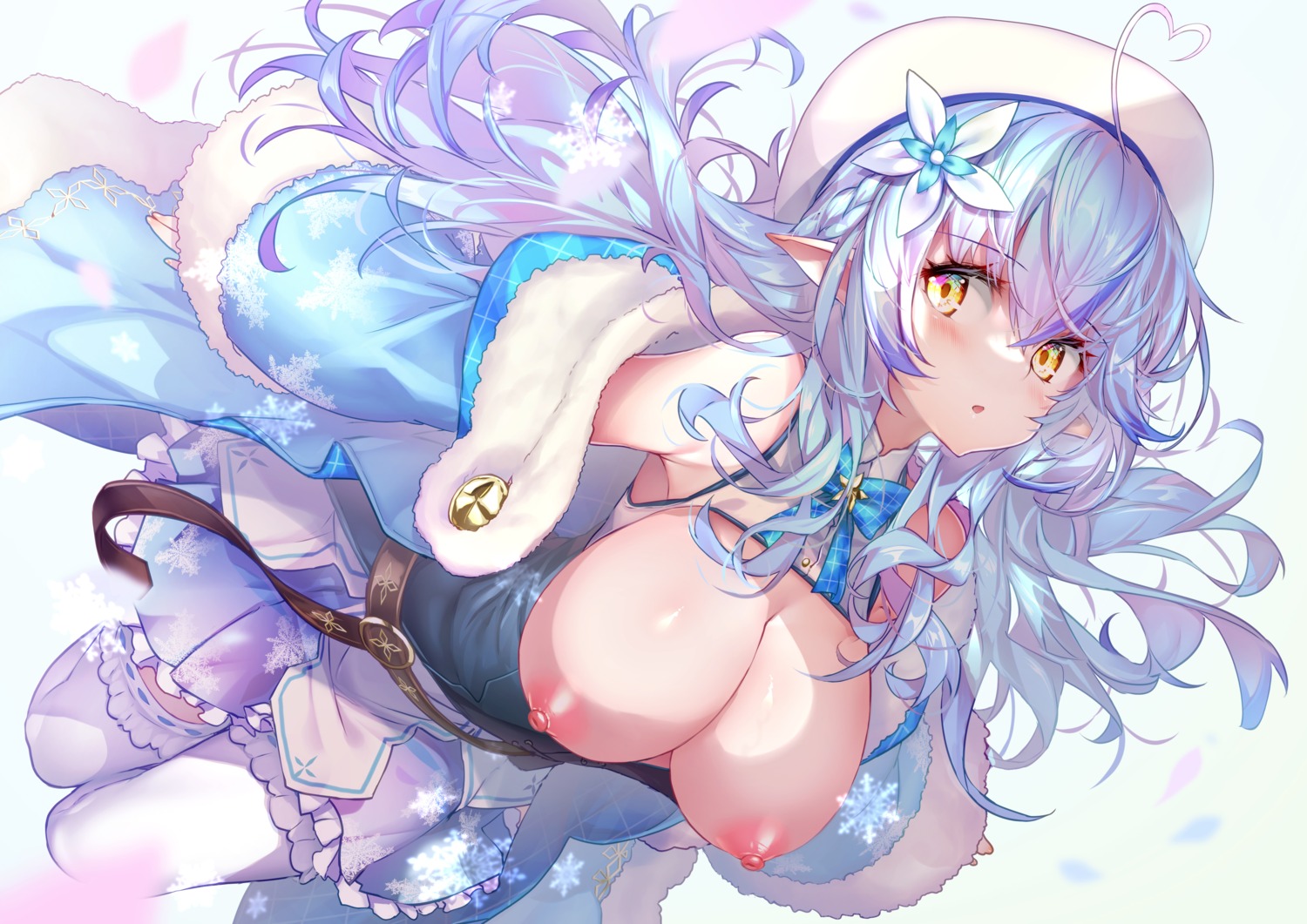 breasts elf hololive hong_(white_spider) nipples no_bra open_shirt pointy_ears thighhighs yukihana_lamy