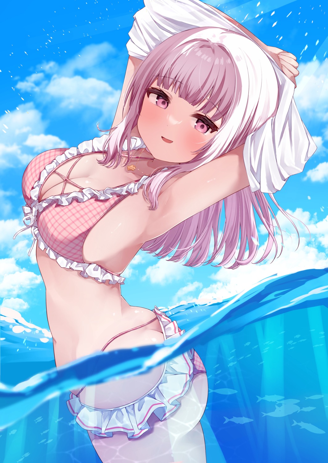 ass bikini cleavage harukasu_(mememememo) nijisanji nijisanji_gamers shiina_yuika shirt_lift swimsuits undressing wet