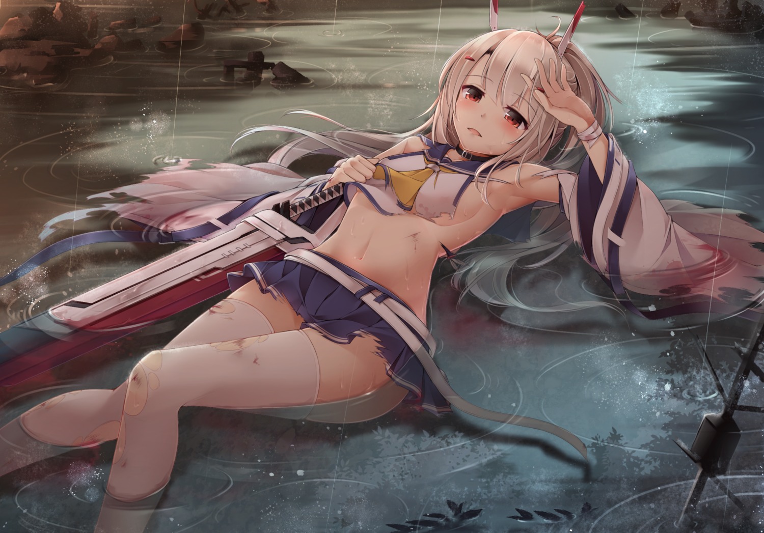 ayanami_(azur_lane) azur_lane blood no_bra seifuku sword thighhighs torn_clothes toyosaki_shu wet