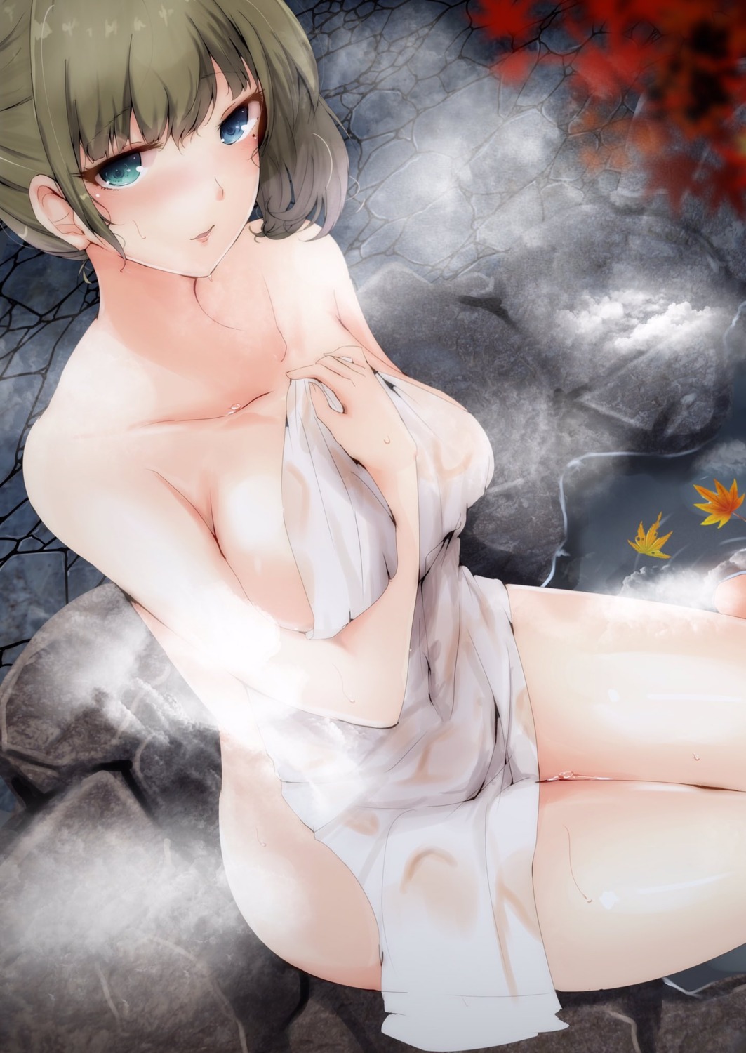 breast_hold duplicate heterochromia naked onsen ryuu. takagaki_kaede the_idolm@ster the_idolm@ster_cinderella_girls towel wet