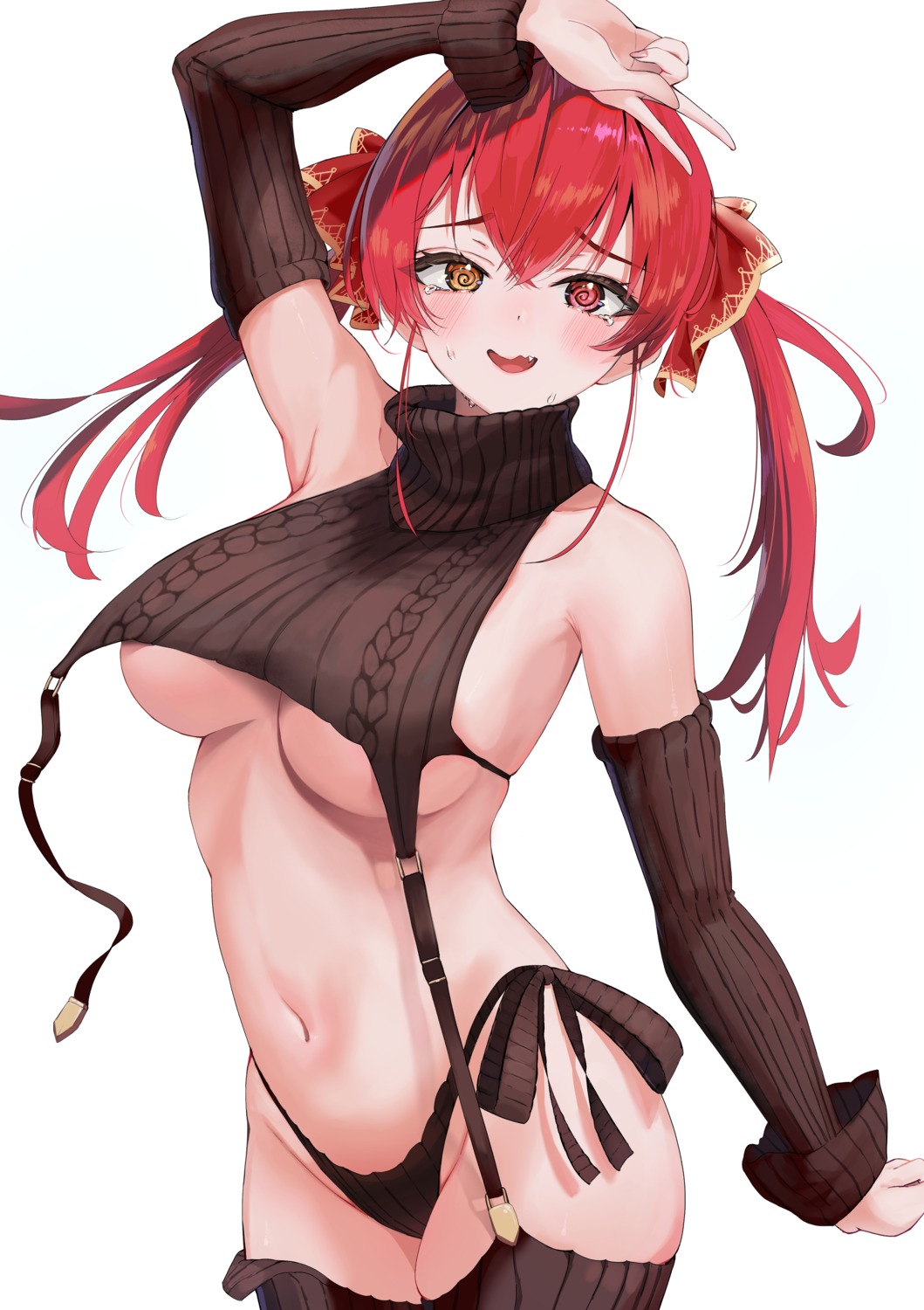 artist_revision heterochromia hololive houshou_marine no_bra pantsu puripuri stockings string_panties sweater thighhighs