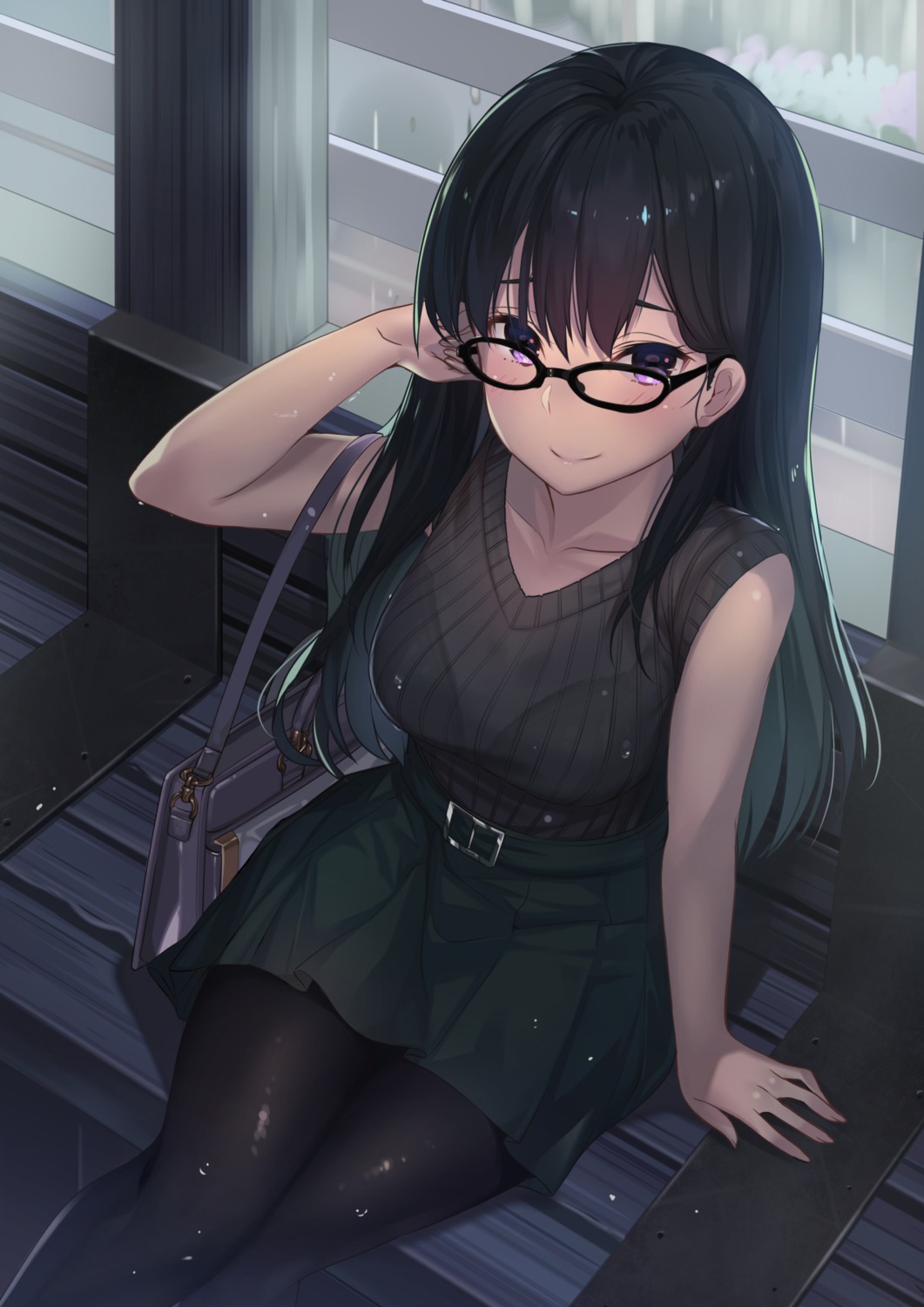 bra kagematsuri megane pantyhose see_through sweater wet wet_clothes