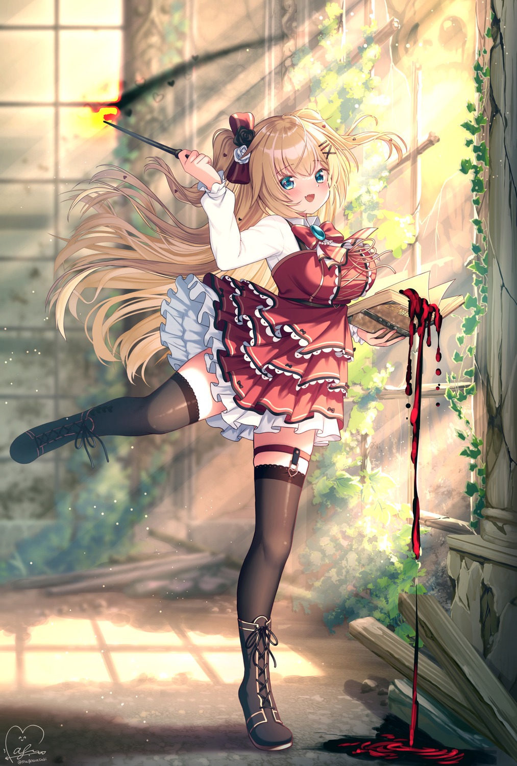 akai_haato blood dress garter hololive magowasabi skirt_lift stockings thighhighs weapon