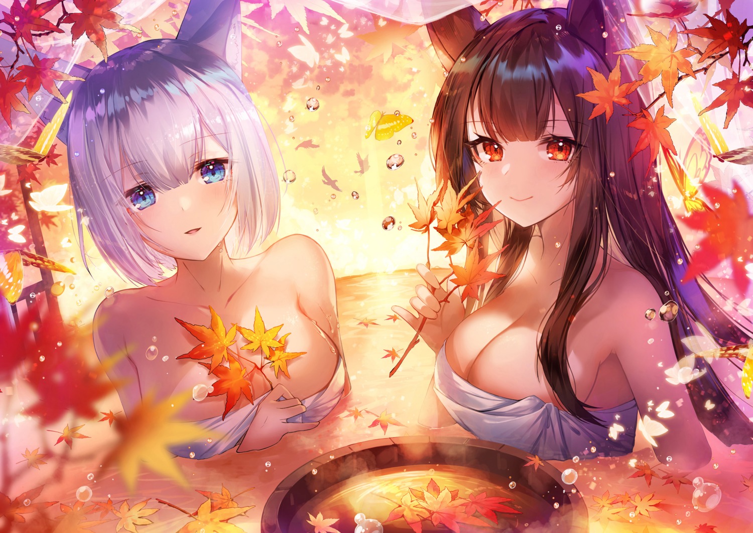 akagi_(azur_lane) animal_ears apple_caramel artist_revision azur_lane bathing breast_hold kaga_(azur_lane) towel wet