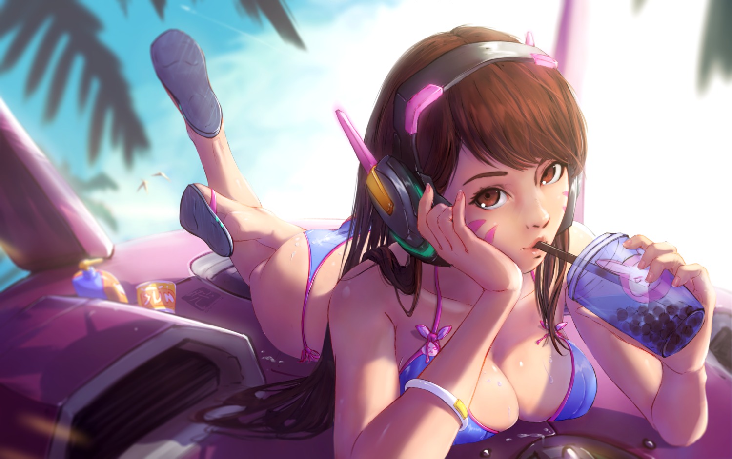 bikini d.va headphones mitsu_(mitsu_art) overwatch swimsuits