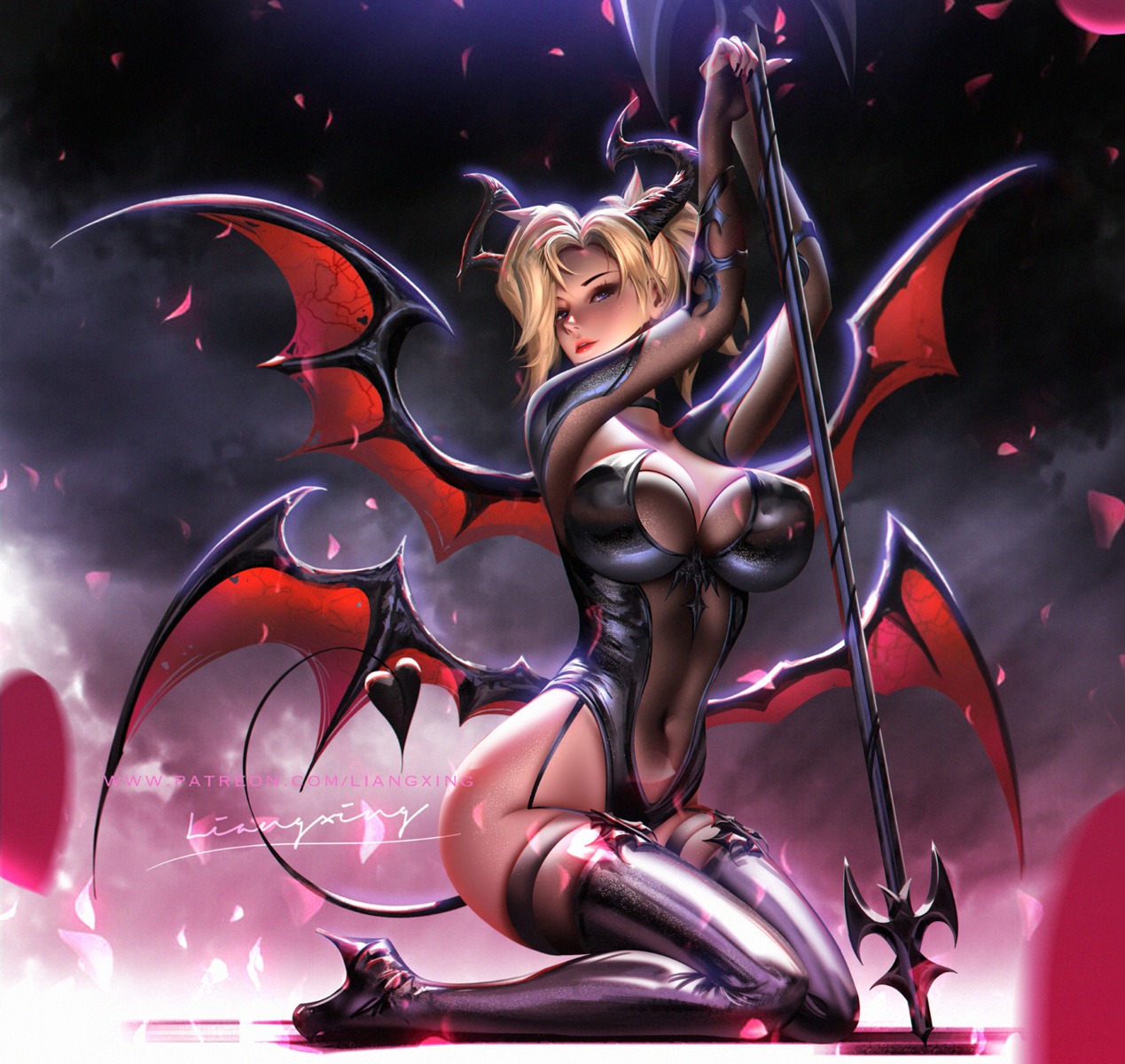 devil heels horns leotard liang_xing mercy_(overwatch) overwatch see_through stockings tail thighhighs weapon wings