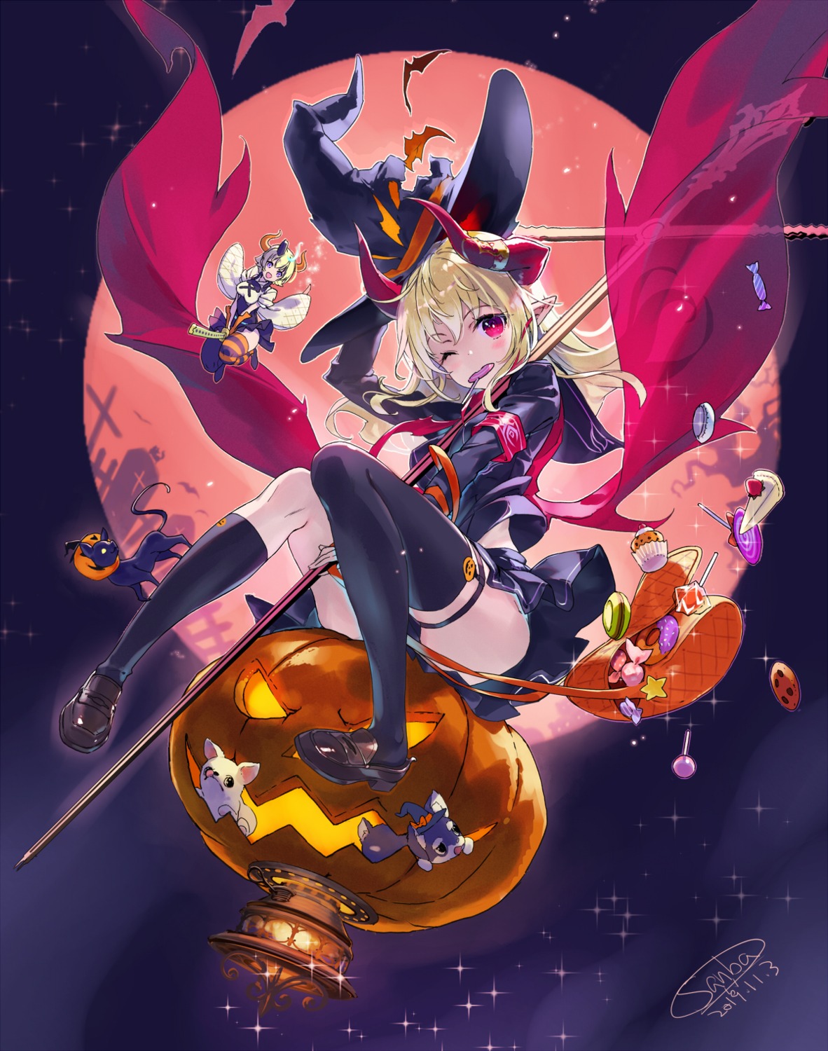 garter halloween horns pointy_ears sanbasou seifuku skirt_lift stockings thighhighs weapon witch