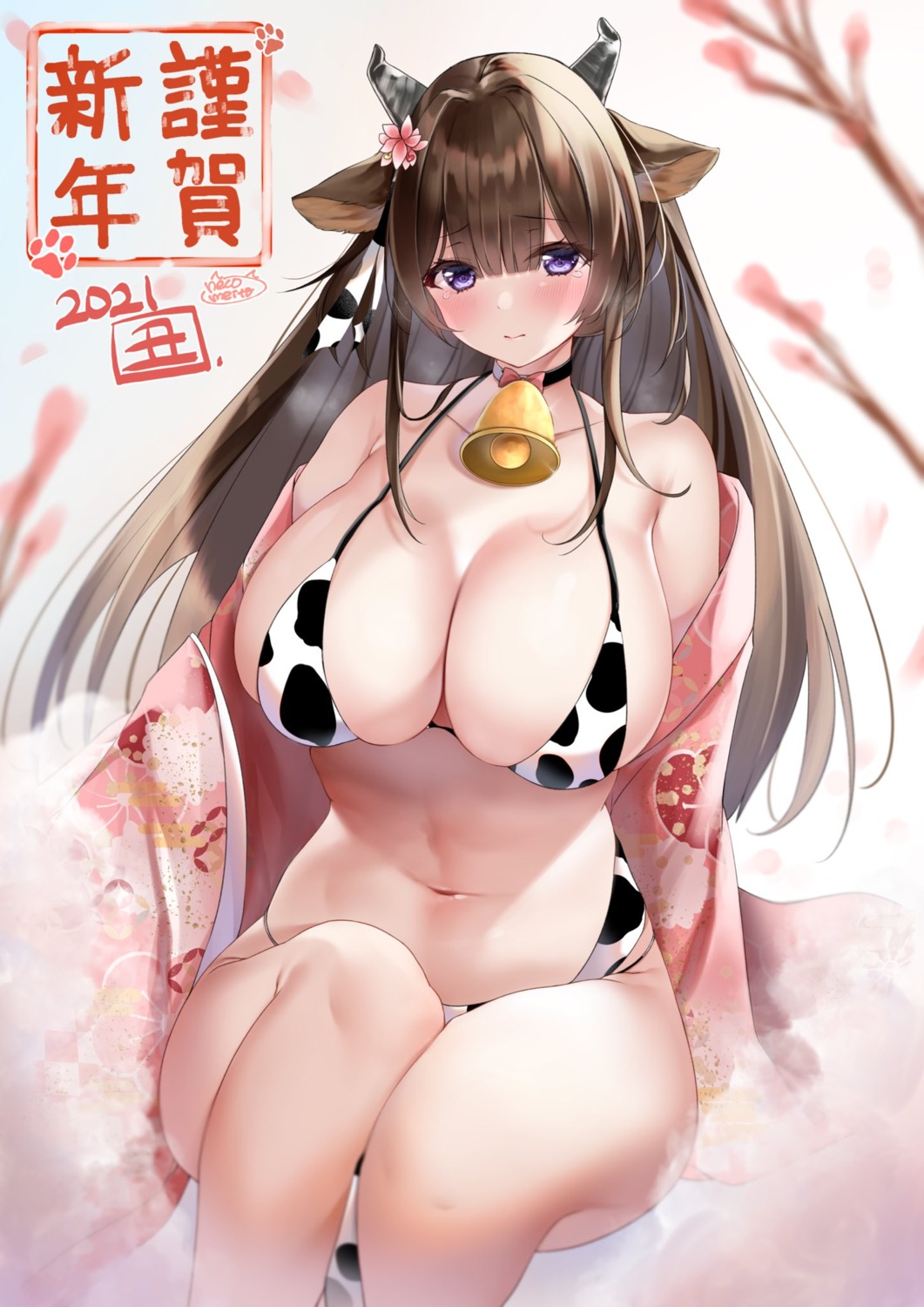 animal_ears azur_lane bikini horns kashino_(azur_lane) kimono neco_meito open_shirt swimsuits