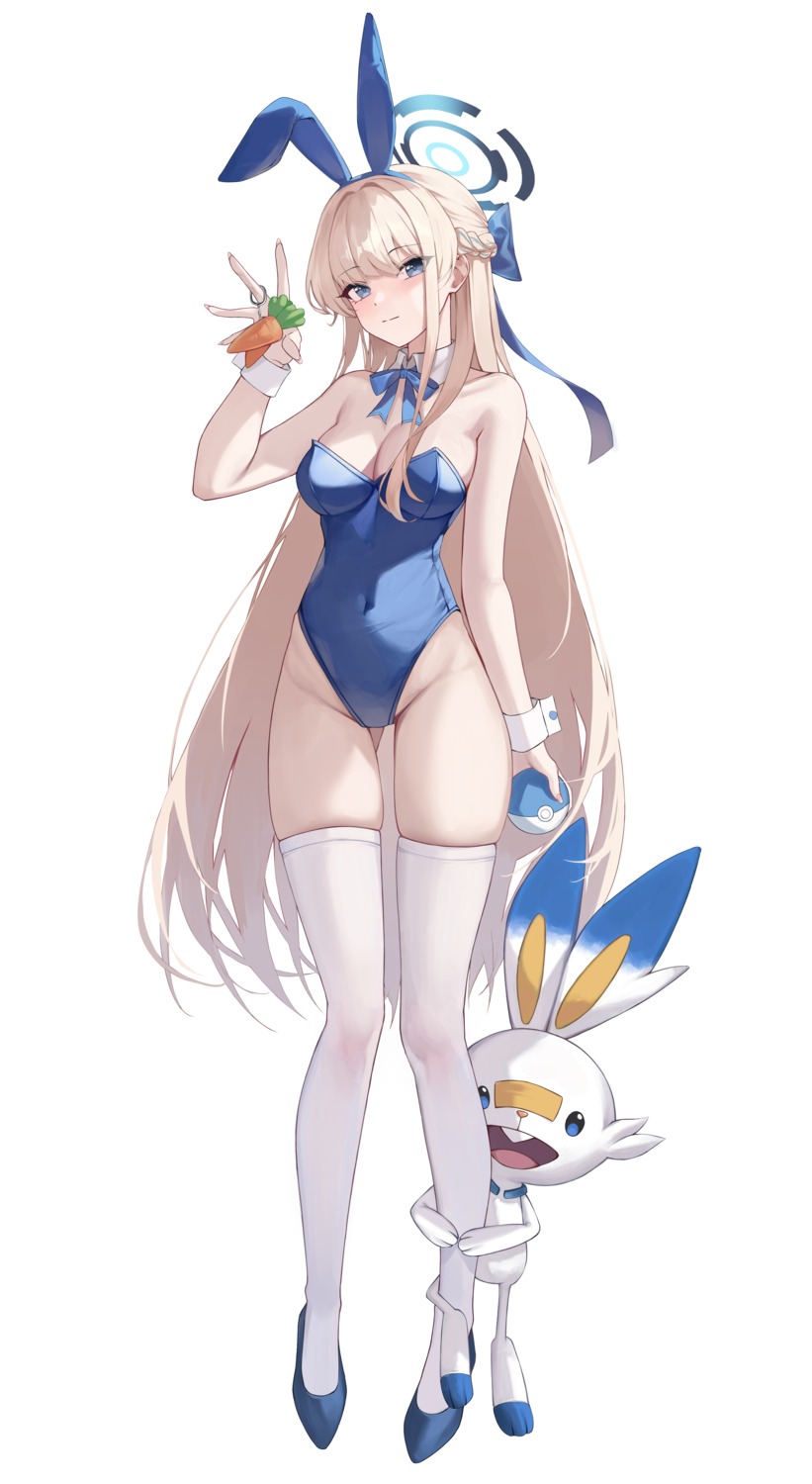 animal_ears asuma_toki blue_archive bunny_ears bunny_girl crossover halo no_bra pokemon pokemon_swsh ryo_e scorbunny thighhighs