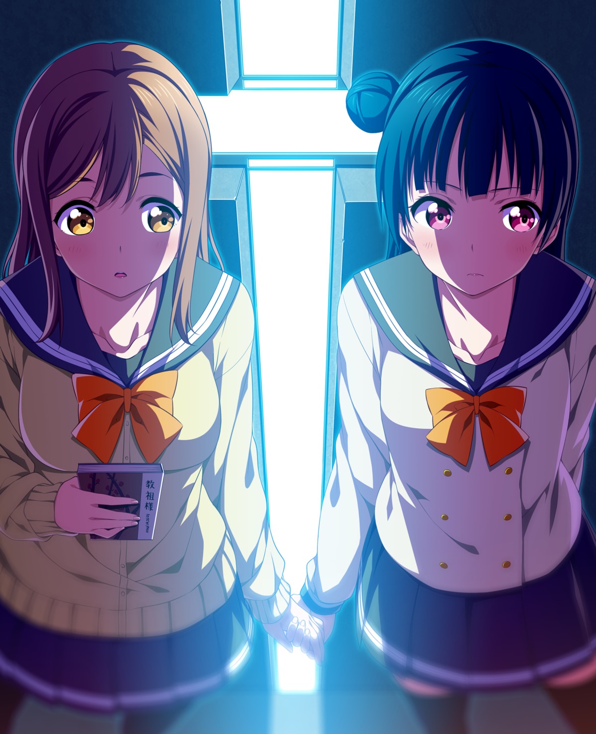 kunikida_hanamaru love_live!_sunshine!! seifuku sweater thighhighs tsushima_yoshiko