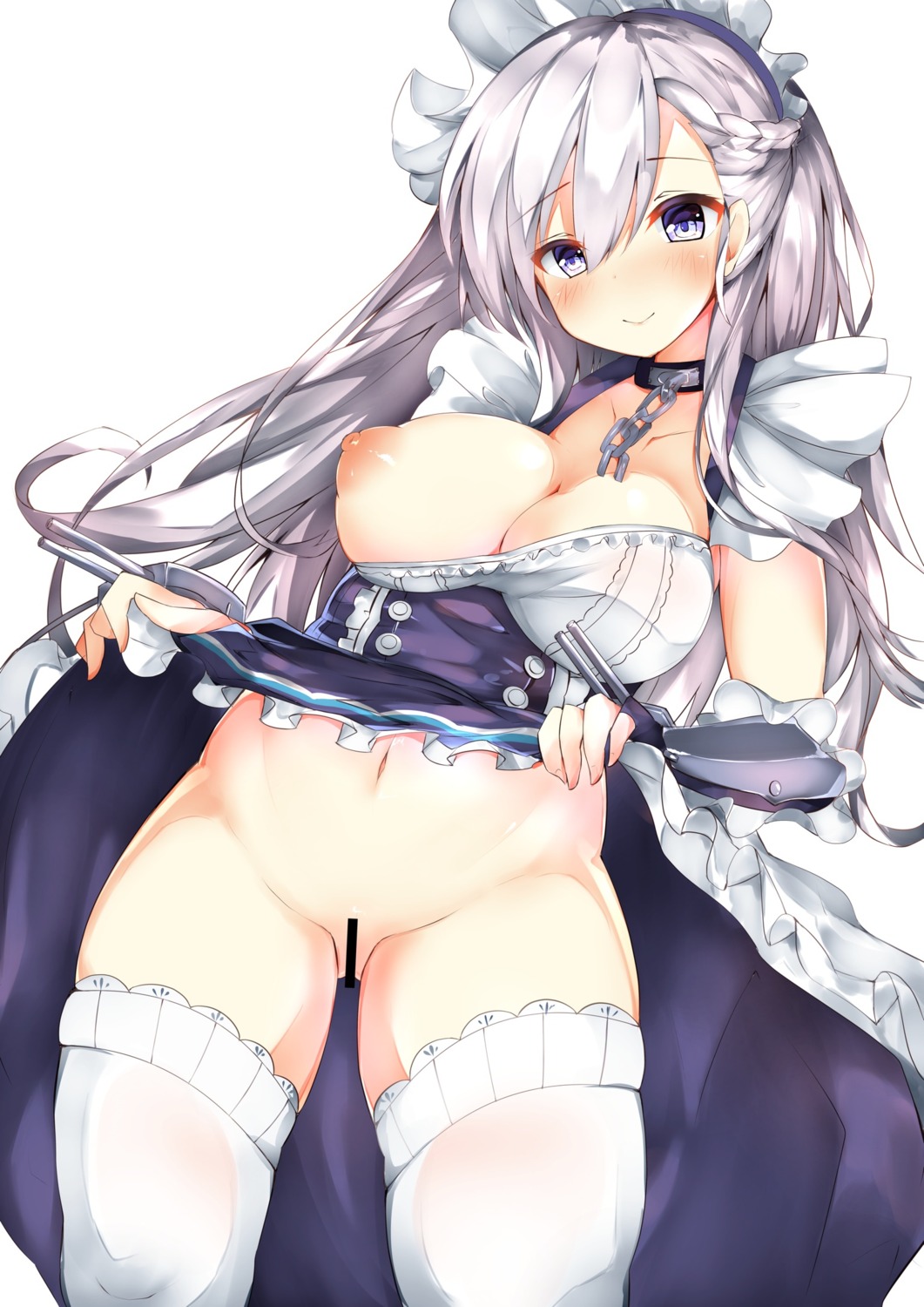 azur_lane belfast_(azur_lane) breasts censored maid mutou_(94753939) nipples no_bra nopan skirt_lift thighhighs