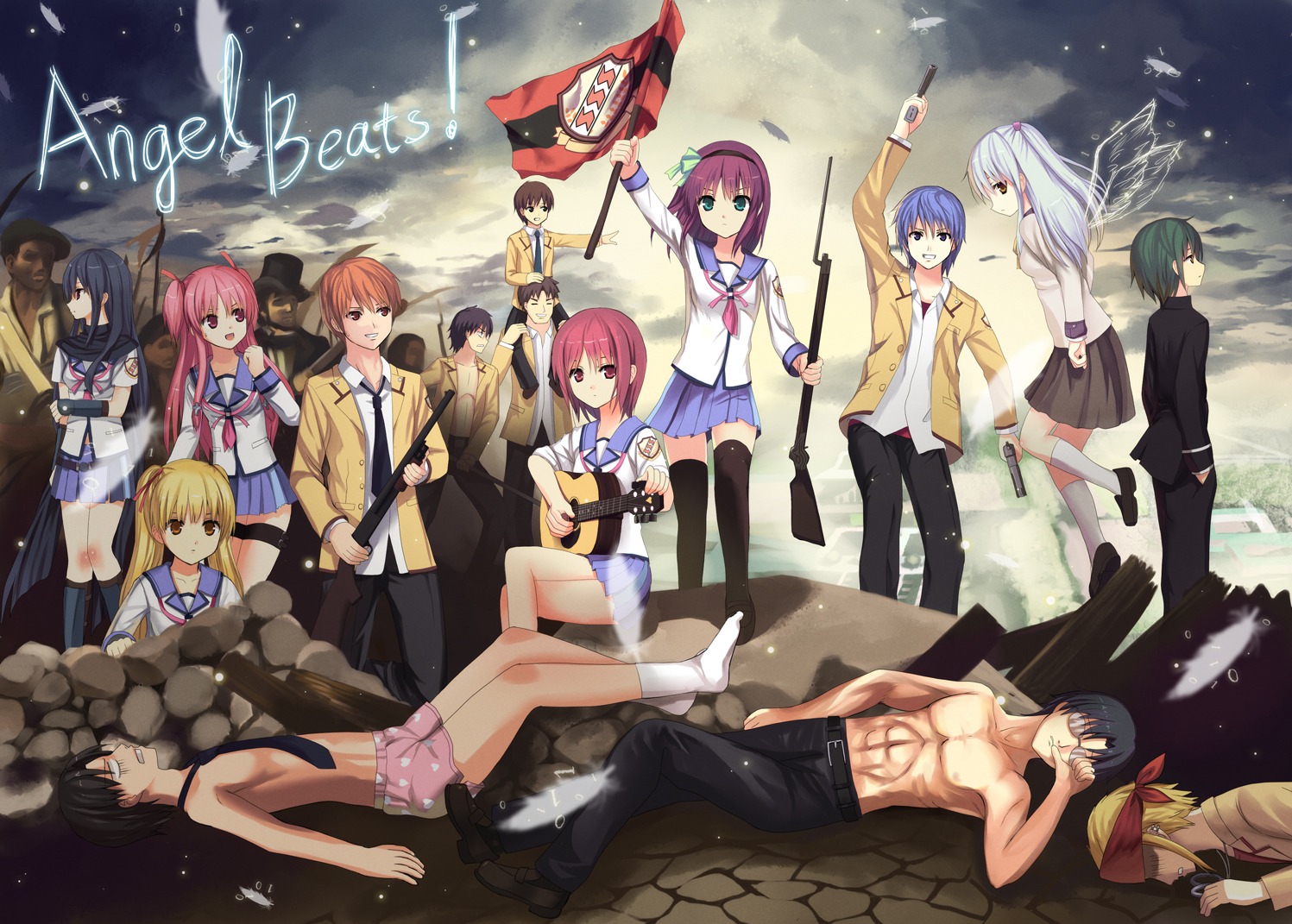 angel_beats! guitar gun hinata_hideki irie_miyuki iwasawa_masami koyama_tomosato nakamura_yuri noda otonashi_yuzuru seifuku shiina tachibana_kanade tk_(angel_beats!) yoshioka_yui