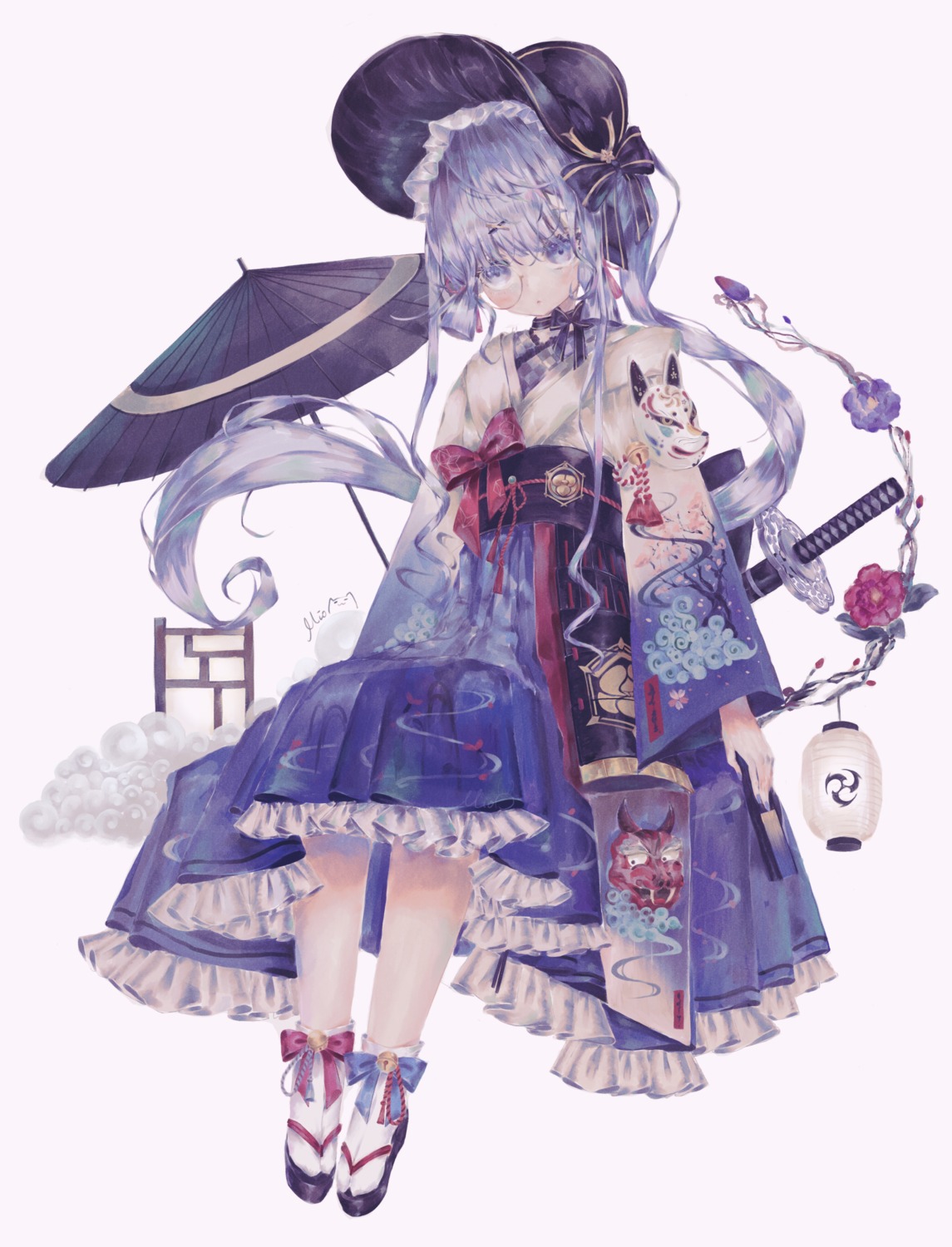 genshin_impact itokawa_mio kamisato_ayaka lolita_fashion skirt_lift sword umbrella wa_lolita