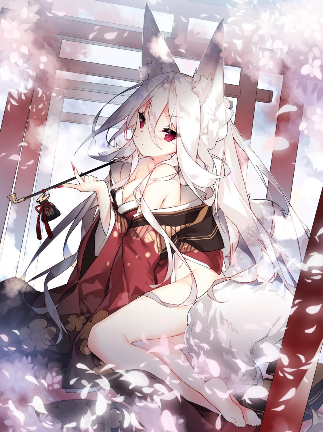 animal_ears cleavage feet japanese_clothes nopan open_shirt saru smoking tail