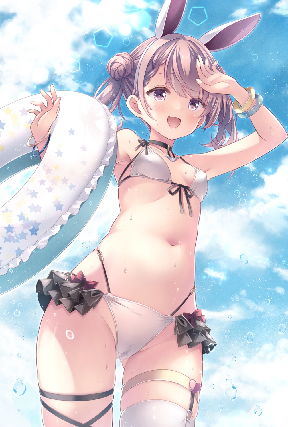 animal_ears bikini bunny_ears cameltoe garter loli ryo_(botsugo) stockings swimsuits thighhighs wet