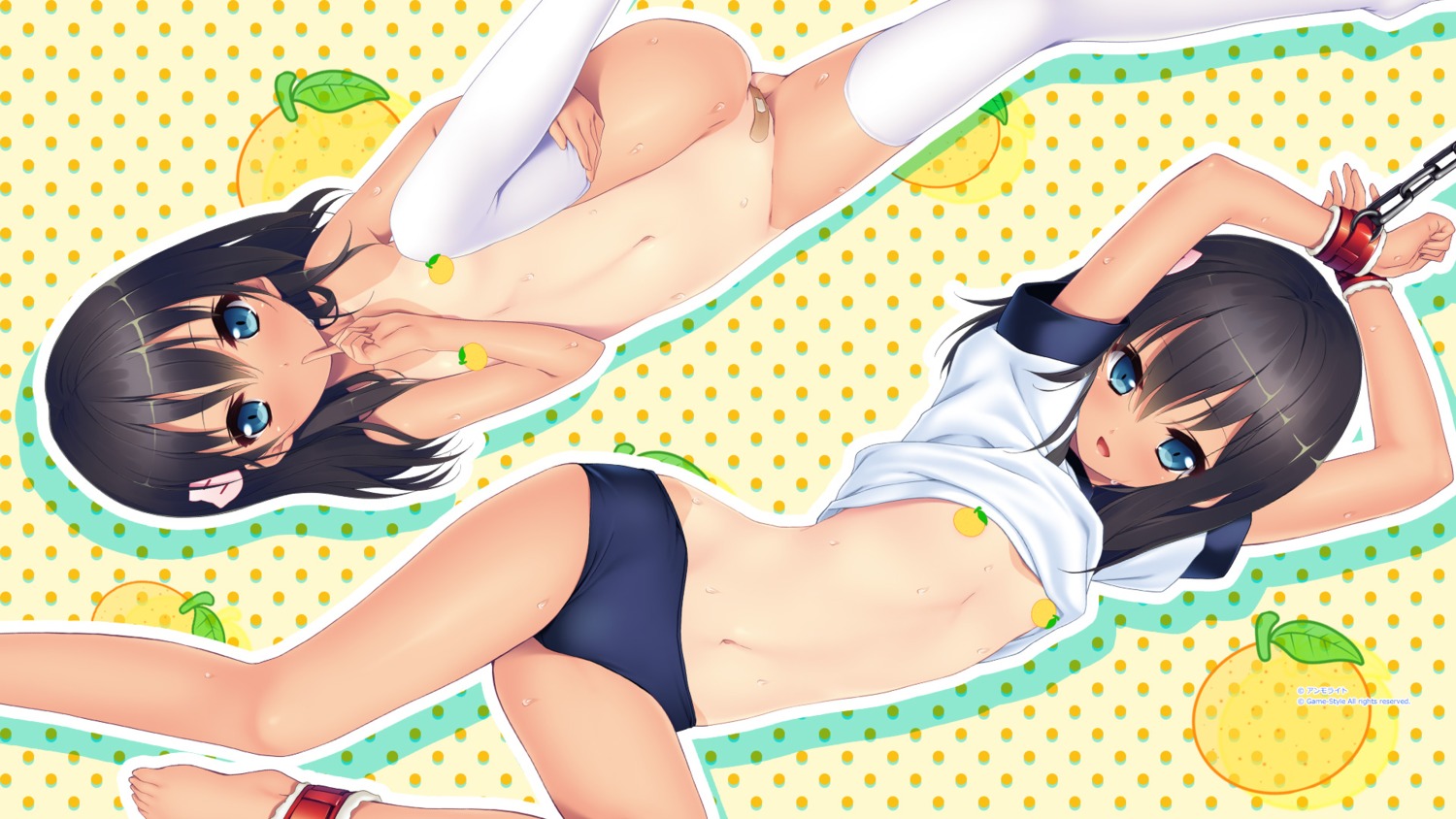 ammolite bandaid bondage buruma censored game-style gym_uniform ichikawa_noa loli maebari naked natsuiro_mikan_~ecchi_na_shoujo_to_shitataru_nioi~ nekodou_karin no_bra shirt_lift tan_lines thighhighs wallpaper