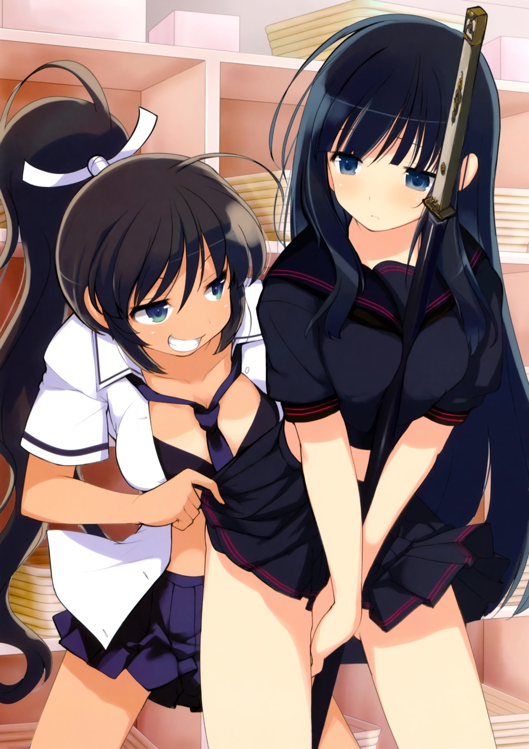 bra cleavage homura_(senran_kagura) ikaruga open_shirt seifuku senran_kagura skirt_lift sword tan_lines yaegashi_nan yuri