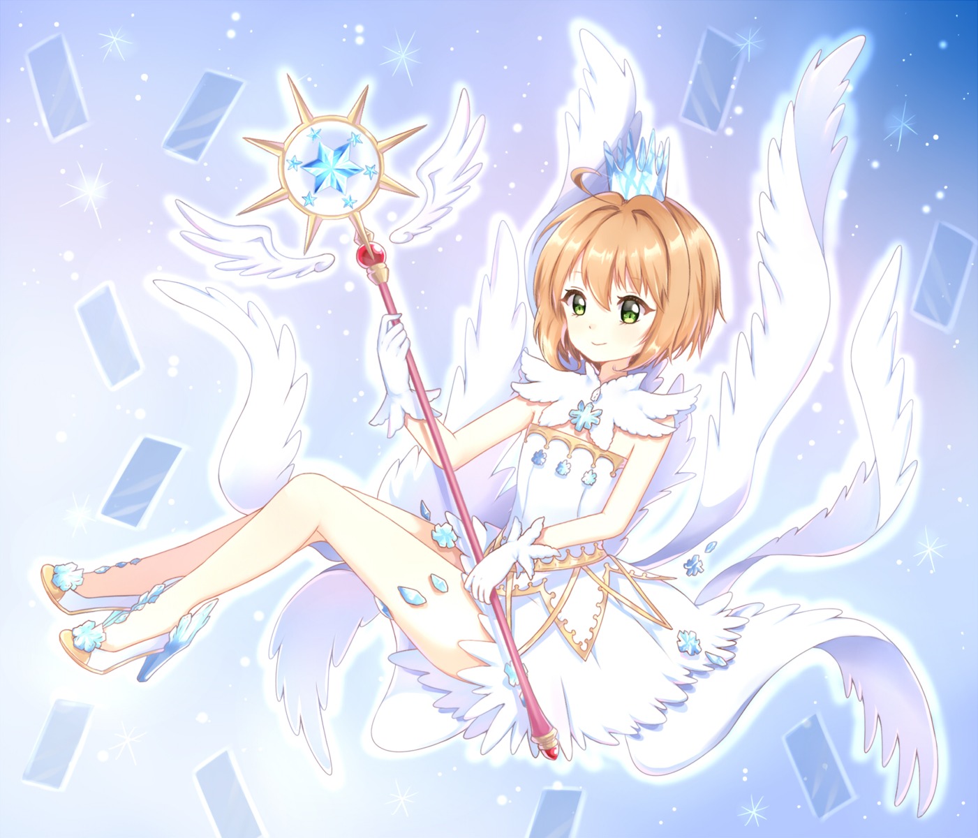 card_captor_sakura dress heels kinomoto_sakura light_(luxiao_deng) weapon wings