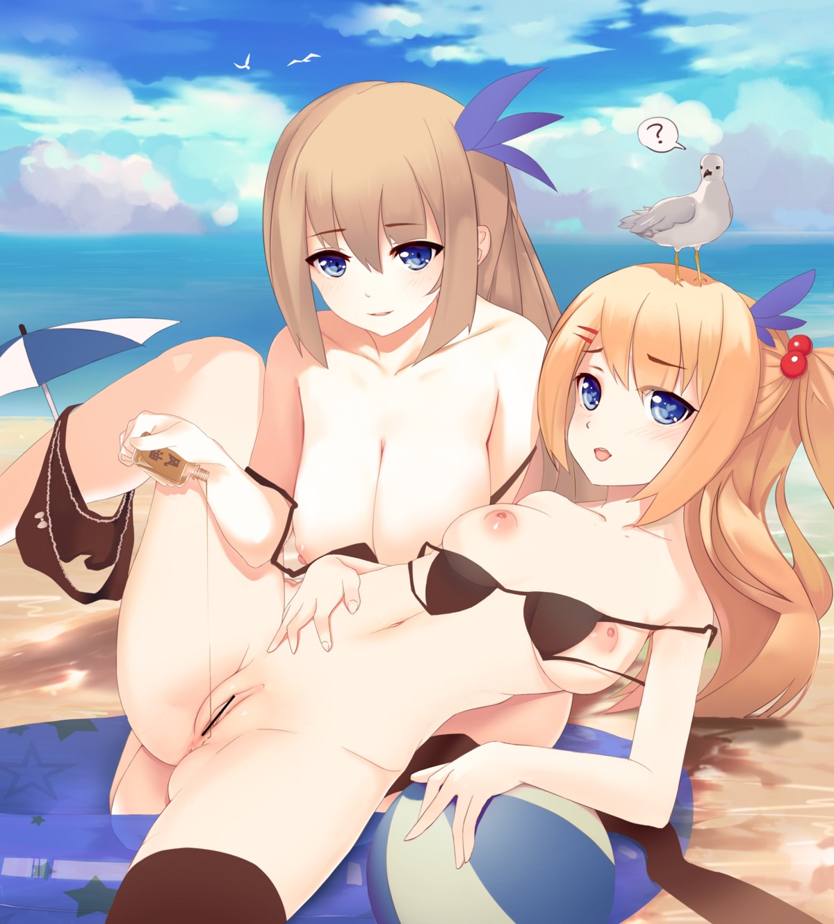 bikini bottomless breasts censored lexington_(zhanjianshaonv) magician_(china) nipples panty_pull pussy saratoga_(zhanjianshaonv) swimsuits thighhighs zhanjianshaonv