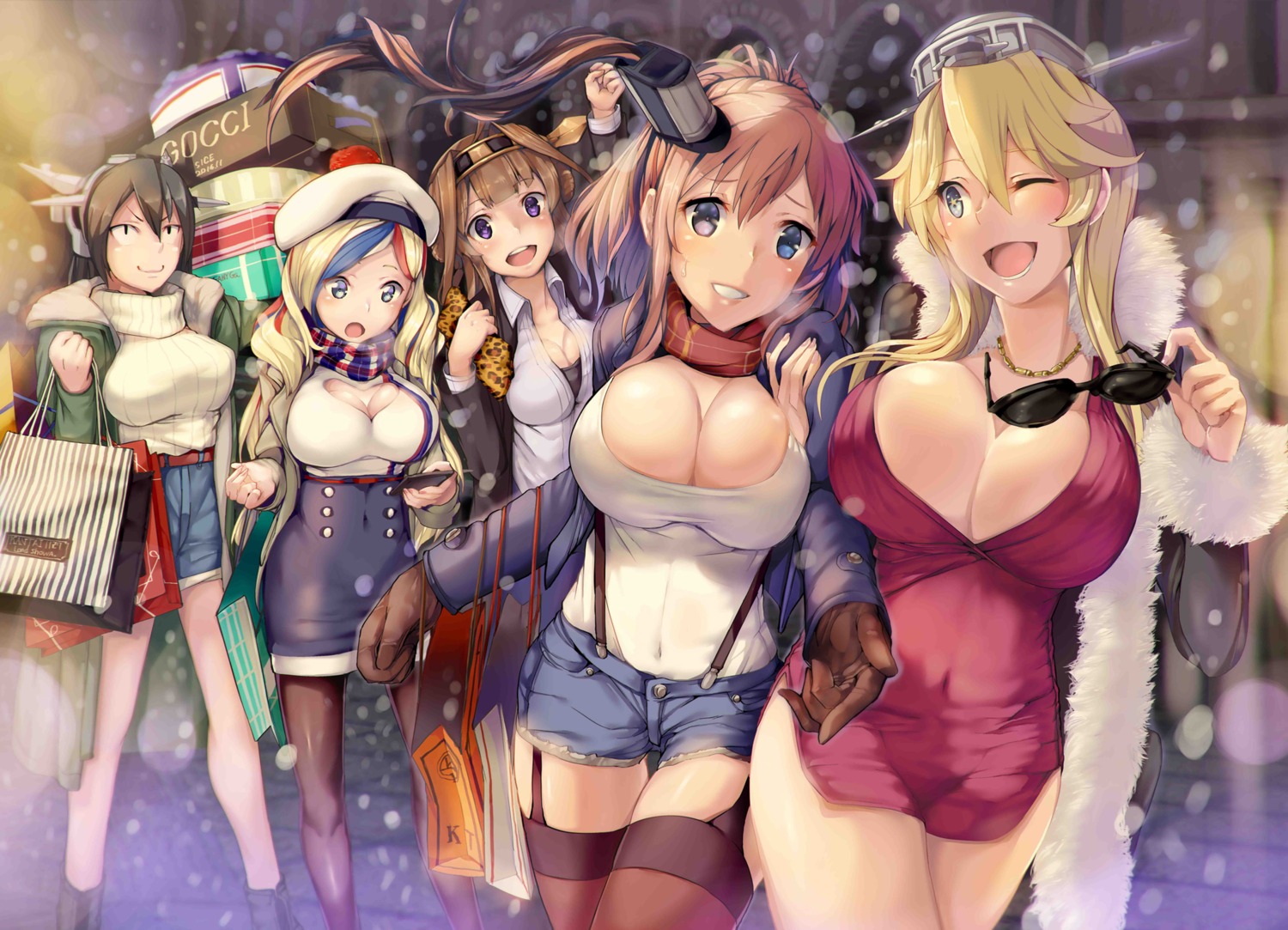 cleavage commandant_teste_(kancolle) dress iowa_(kancolle) kantai_collection kongou_(kancolle) nagato_(kancolle) open_shirt pantyhose renji saratoga_(kancolle)