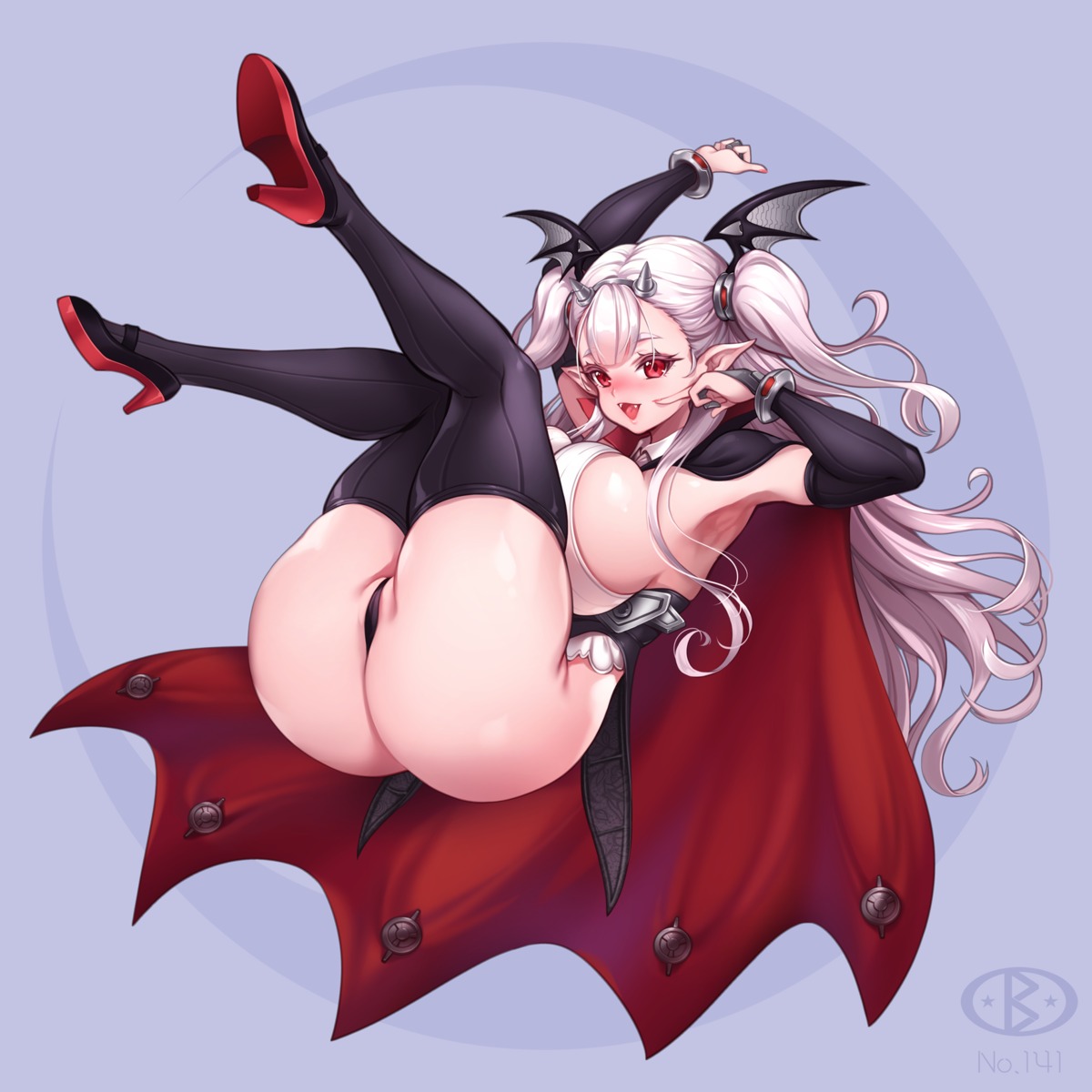 artist_revision draculina_(last_origin) heels horns last_origin leotard no_bra pointy_ears thighhighs toriseru_(thesuperhero) wings