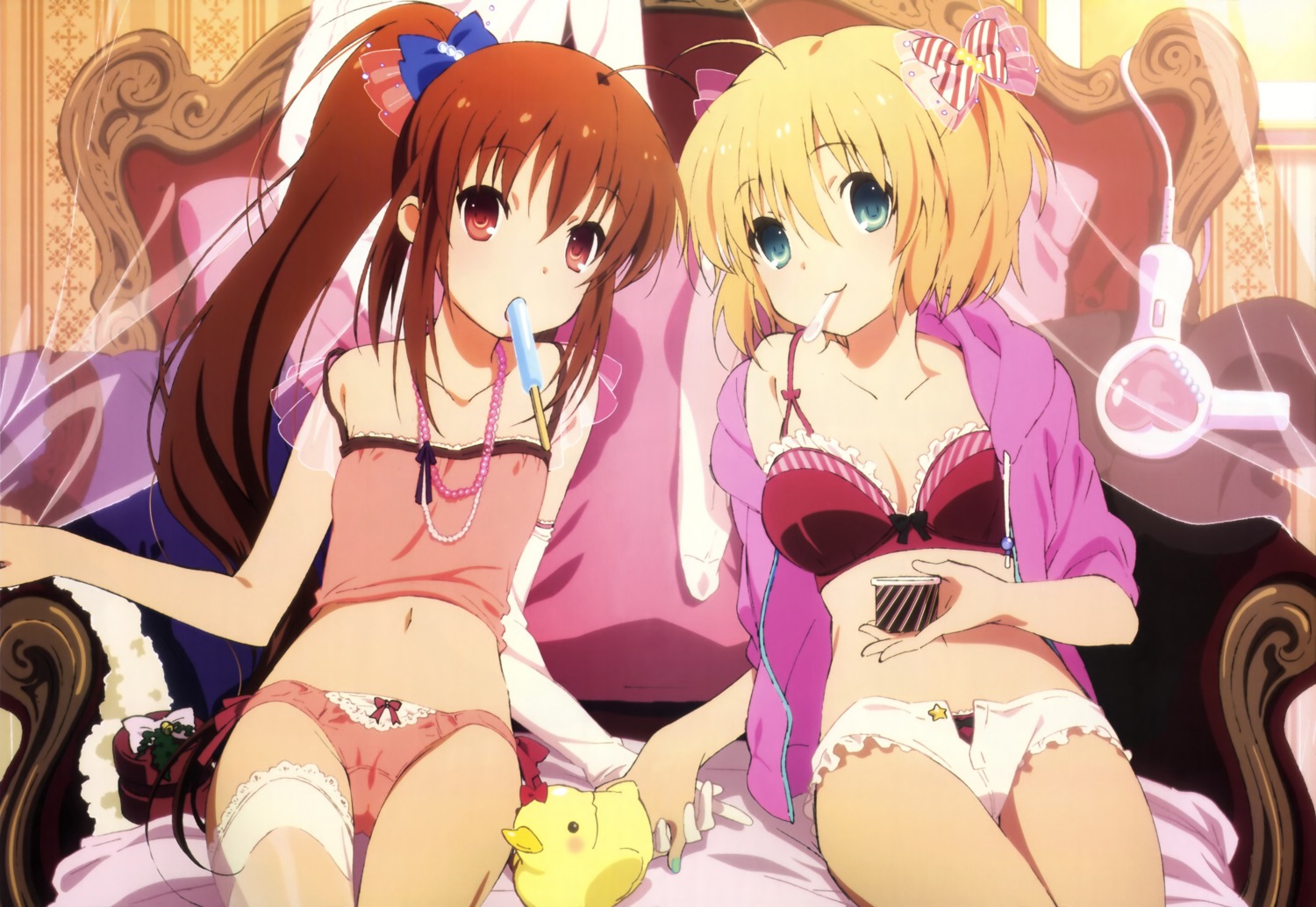 bra cleavage fixed kamikita_komari lingerie little_busters! natsume_rin ogata_hiromi open_shirt pantsu thighhighs