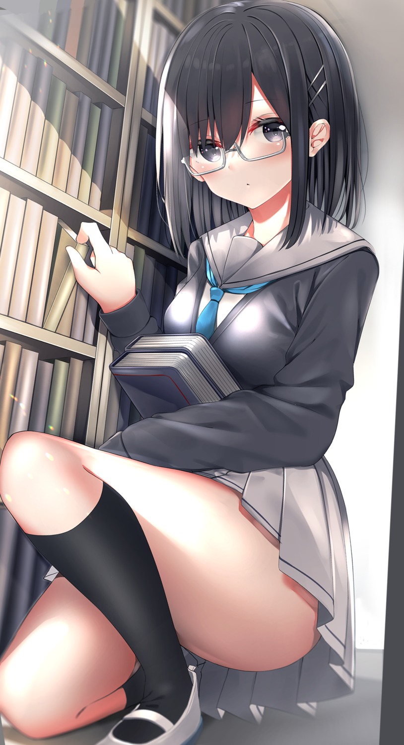 megane neku_(neku_draw) seifuku skirt_lift