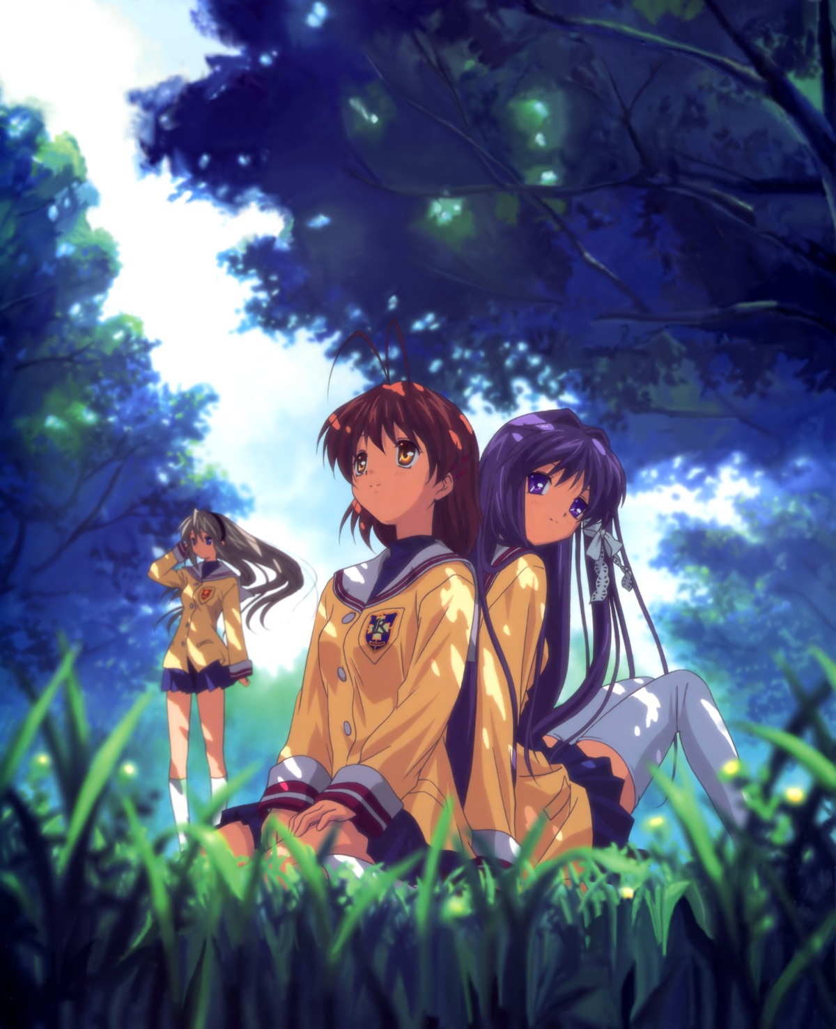 clannad fujibayashi_kyou furukawa_nagisa ikeda_kazumi sakagami_tomoyo seifuku thighhighs