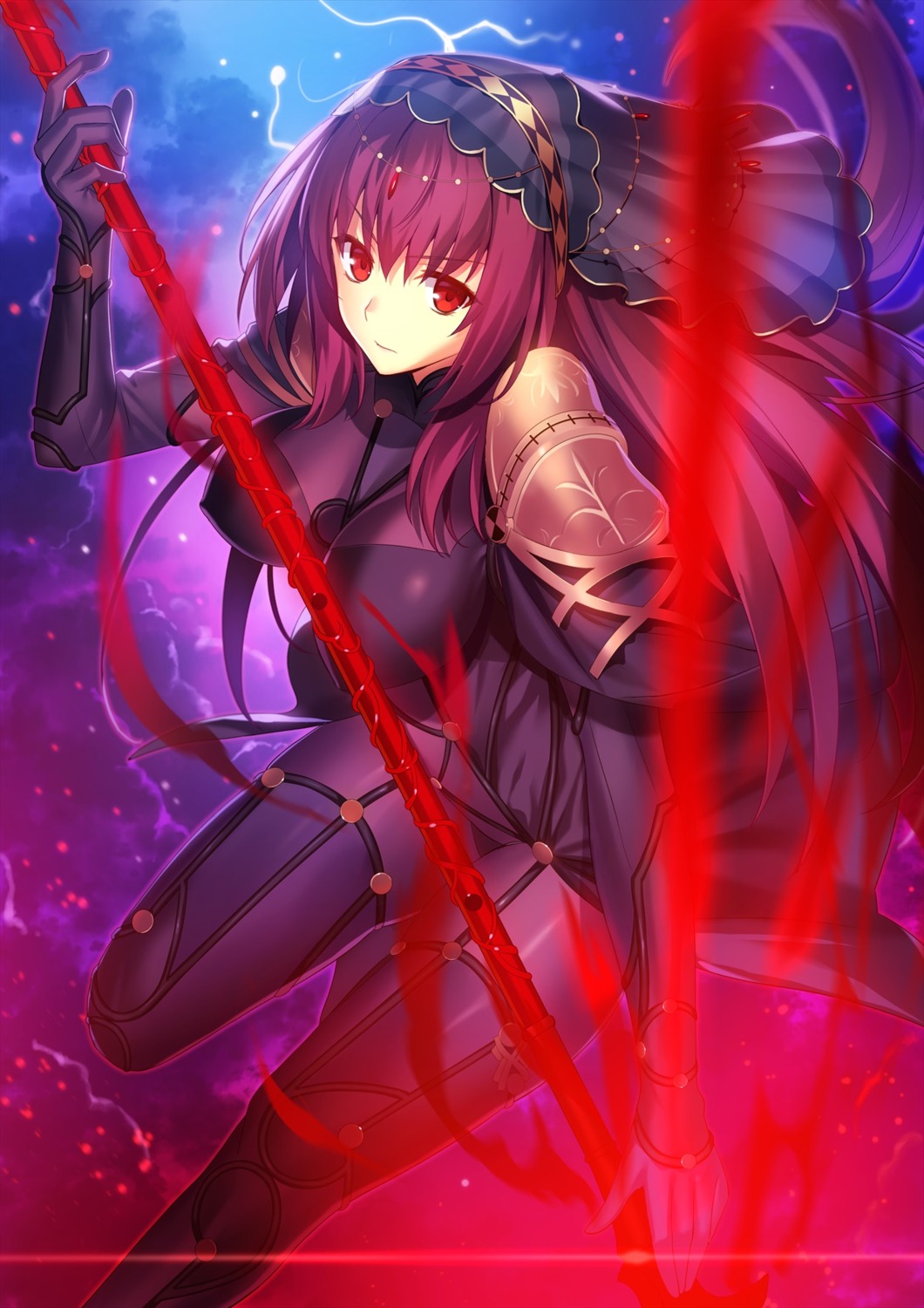 armor bodysuit erect_nipples fate/grand_order fuyuki_(neigedhiver) scathach_(fate/grand_order) thighhighs weapon