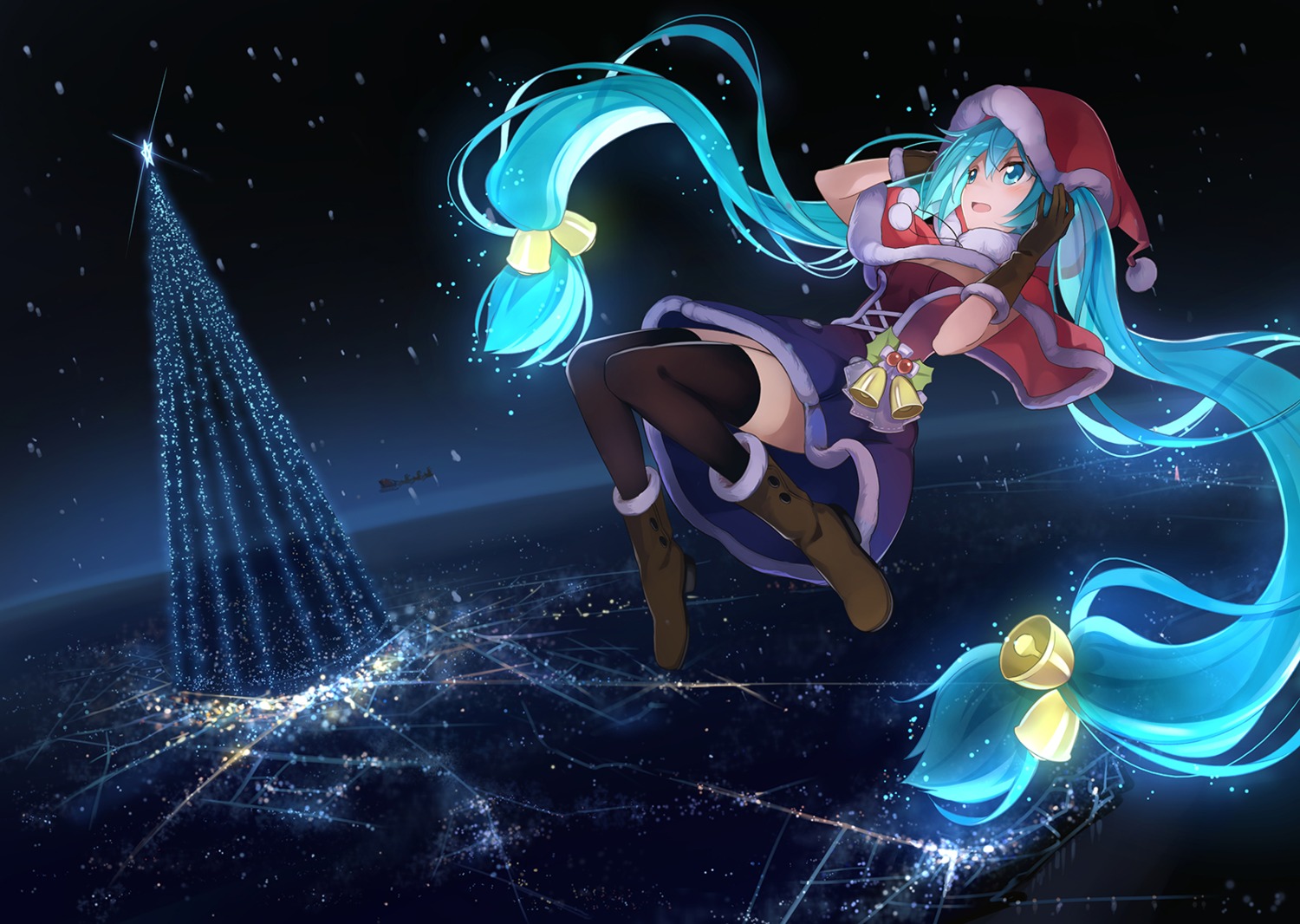 beek christmas cleavage dress hatsune_miku heels landscape thighhighs vocaloid