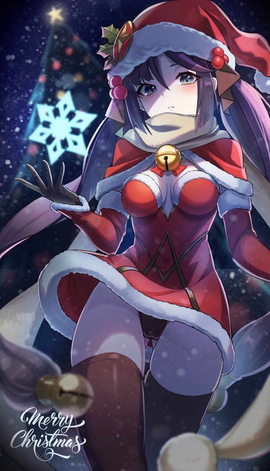 cameltoe christmas cleavage dress genshin_impact jsih mona_megistus no_bra pantsu skirt_lift thighhighs