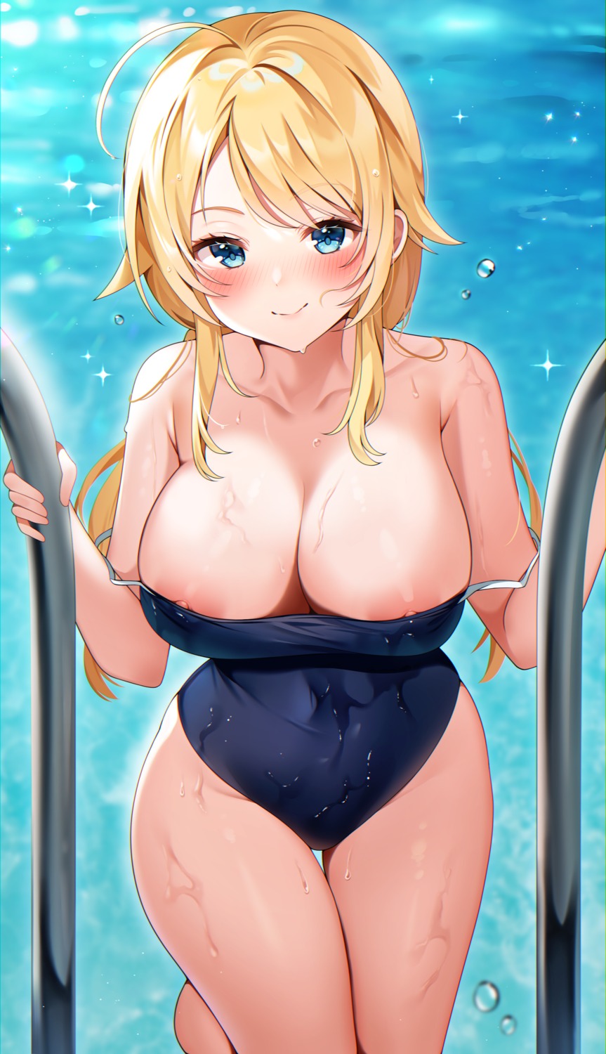 hachimiya_meguru nipple_slip reel_(riru) school_swimsuit swimsuits the_idolm@ster the_idolm@ster_shiny_colors wardrobe_malfunction wet