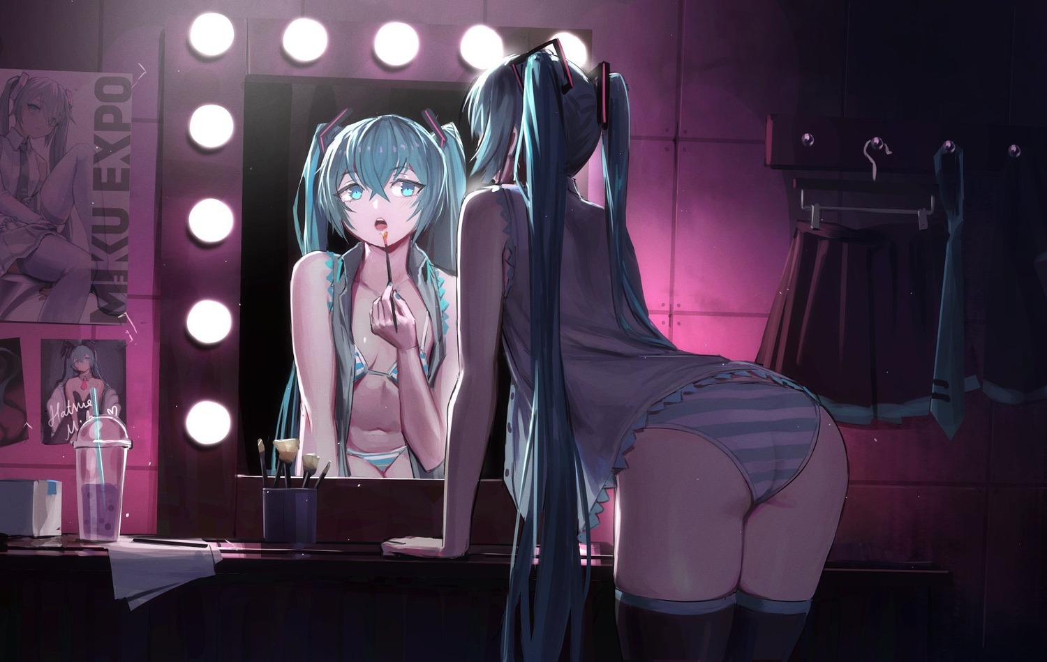 ass bra hatsune_miku open_shirt pantsu shimapan thighhighs vertigris vocaloid