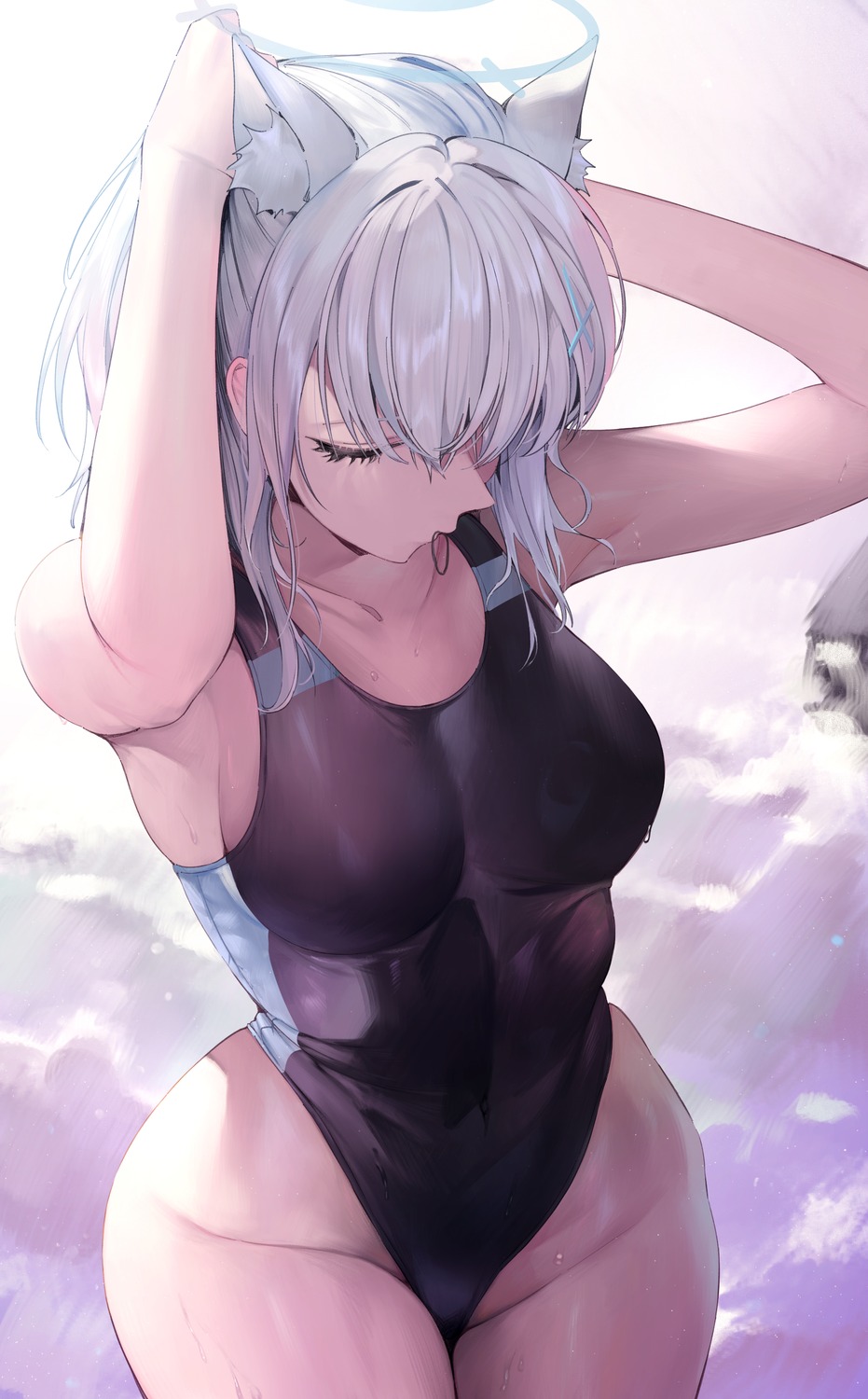 animal_ears blue_archive halo koyo_akio nekomimi sunaookami_shiroko swimsuits wet