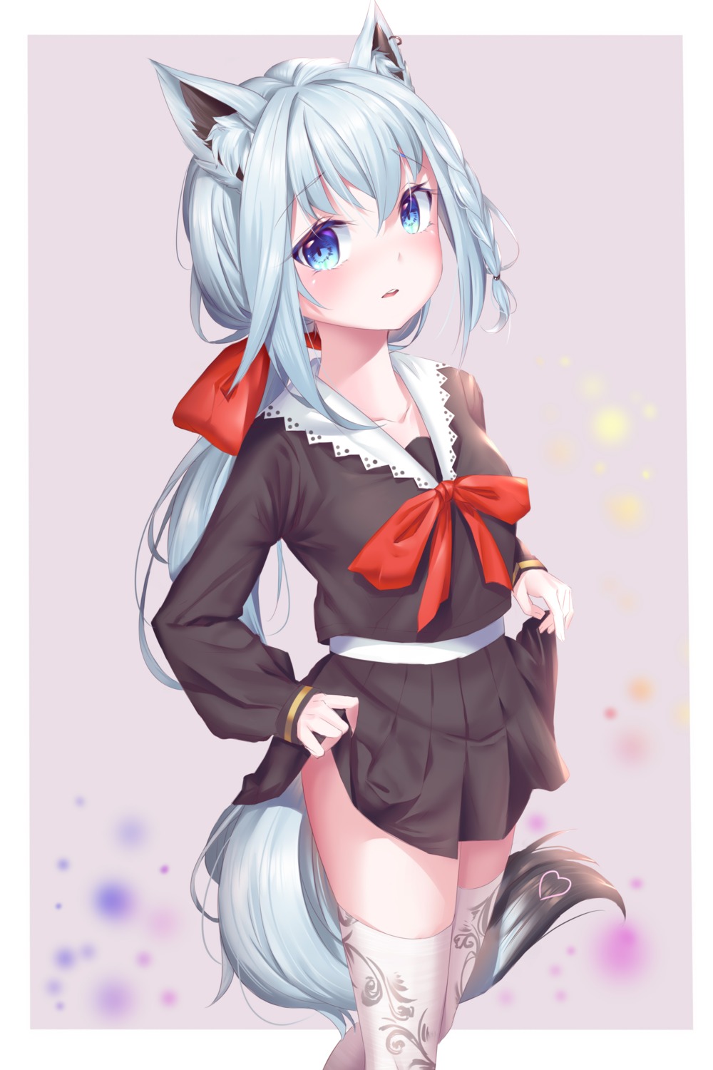 amaroku_neko animal_ears hololive hololive_gamers kitsune seifuku shirakami_fubuki skirt_lift tail thighhighs