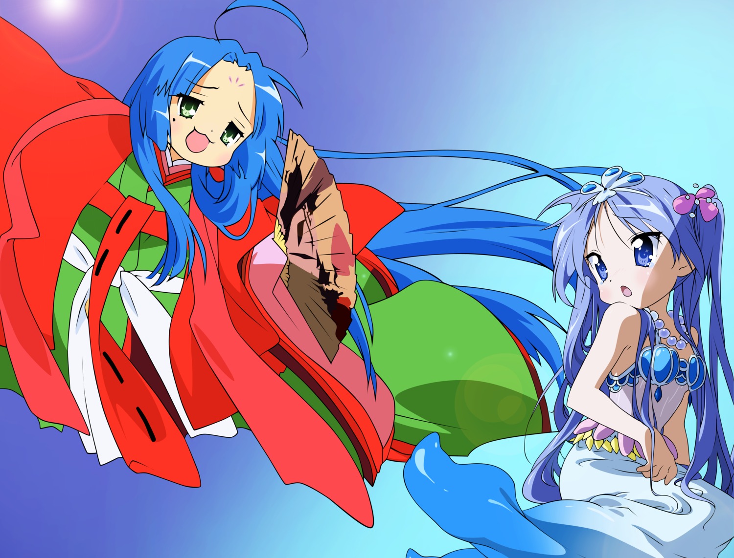 hiiragi_kagami izumi_konata kimono lucky_star mermaid monster_girl vector_trace