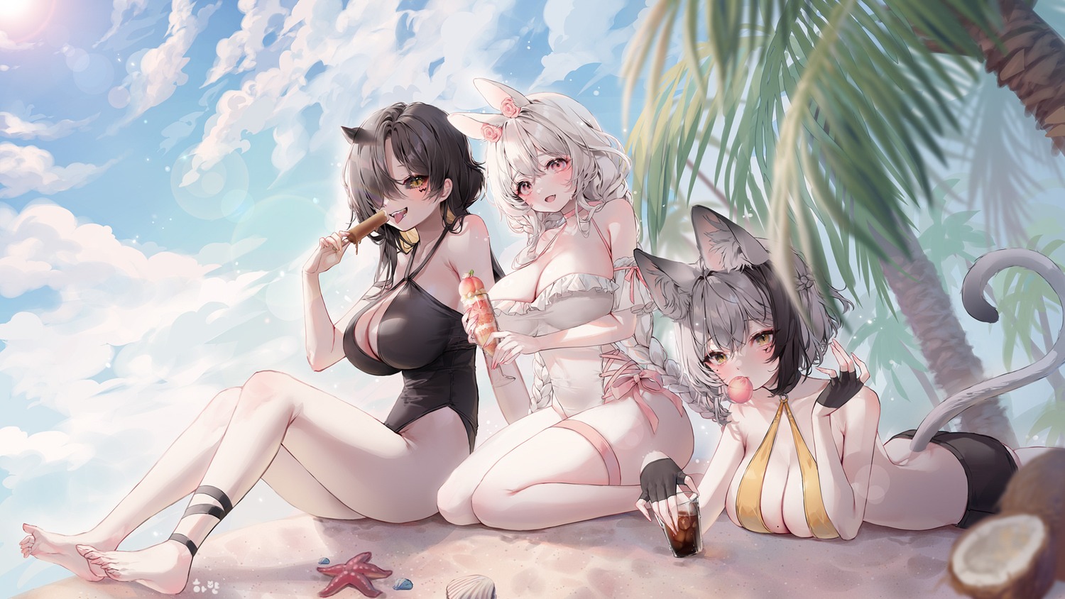 animal_ears bikini_top bunny_ears cleavage garter horns shiro_albino swimsuits tail