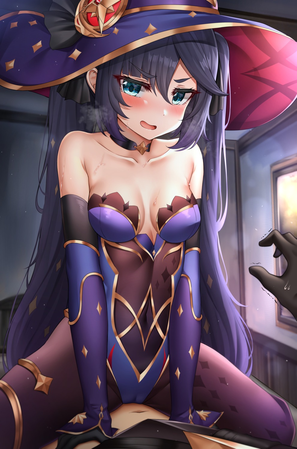 cameltoe garter genshin_impact leotard mona_megistus no_bra pantyhose sunhyun witch