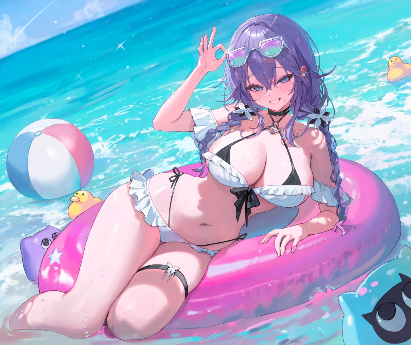 bikini freng garter megane seven_knights shiroki_yuna swimsuits wet