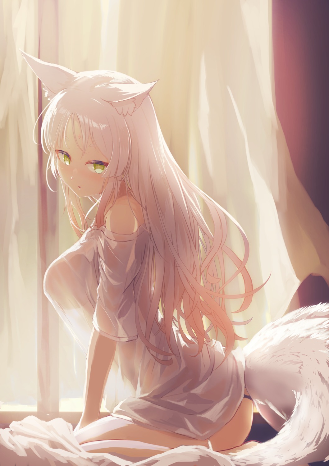 animal_ears namacotan nekomimi no_bra pantsu see_through tail