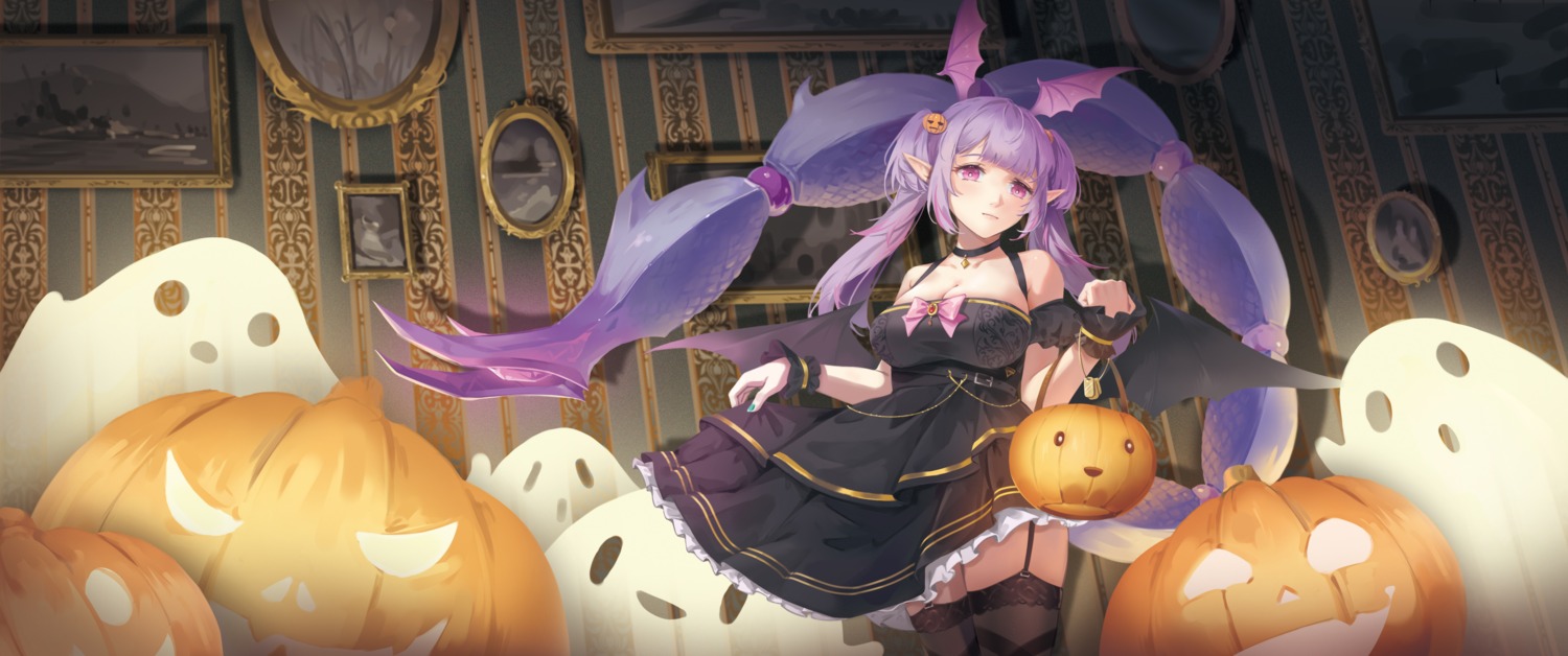 arknights dress halloween manticore_(arknights) pointy_ears skirt_lift stockings thighhighs wings yinghuahua