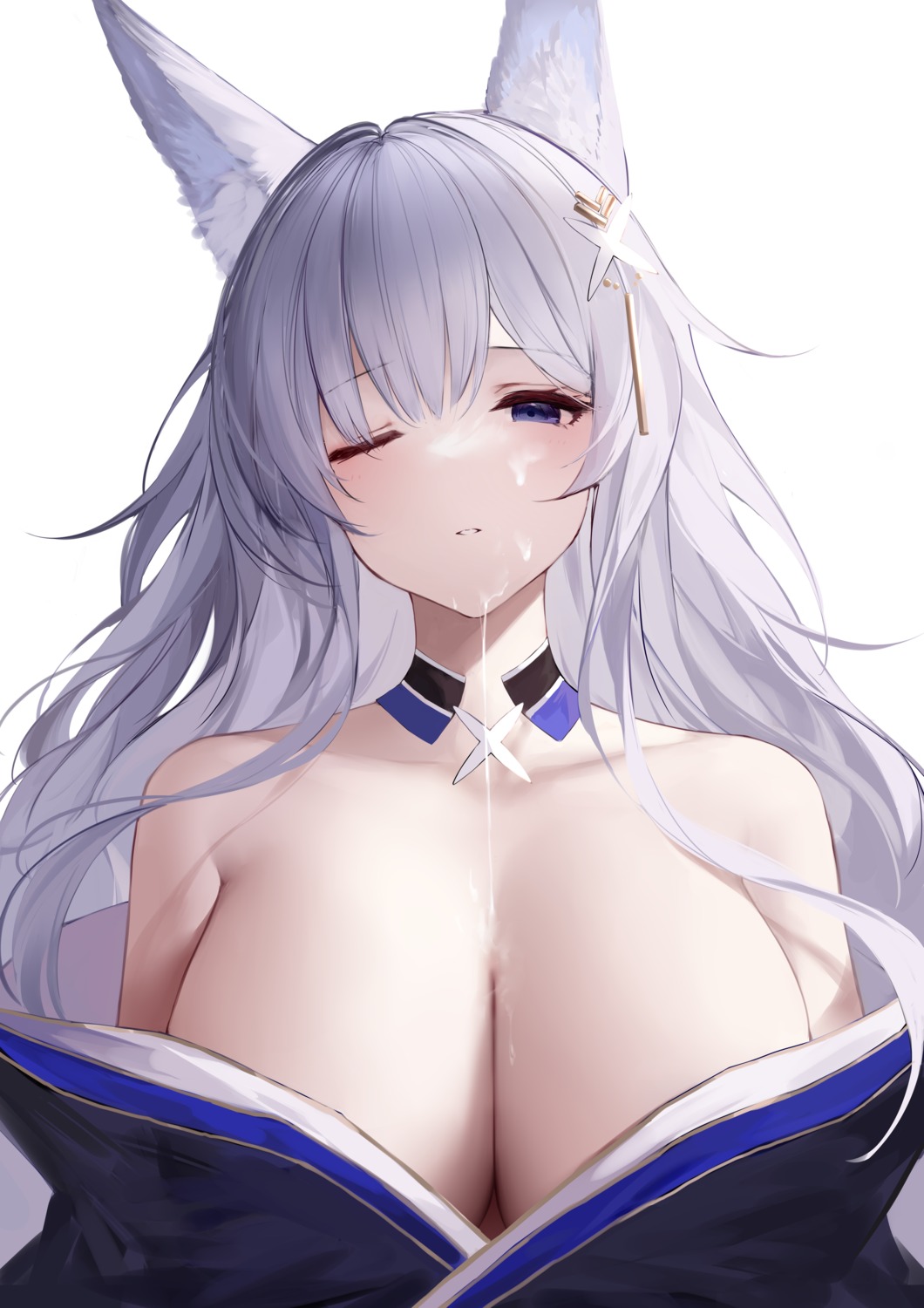 an_yasuri animal_ears azur_lane cream cum japanese_clothes kitsune no_bra open_shirt shinano_(azur_lane)