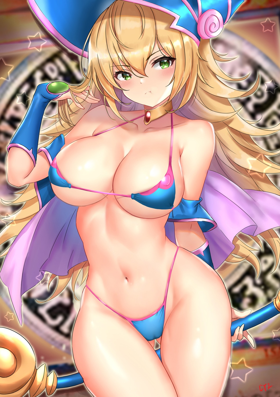 bikini cameltoe cyicheng dark_magician_girl swimsuits weapon yugioh