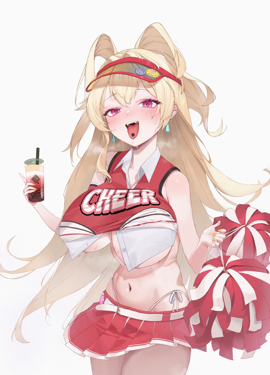 cheerleader clay_(nikke) goddess_of_victory:_nikke no_bra open_shirt pantsu rikuhito_juusan skirt_lift string_panties wet