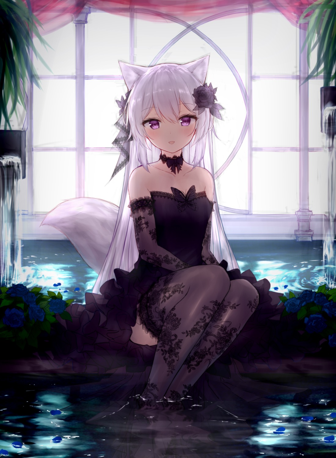 animal_ears cleavage dress guo582 skirt_lift tail thighhighs wet