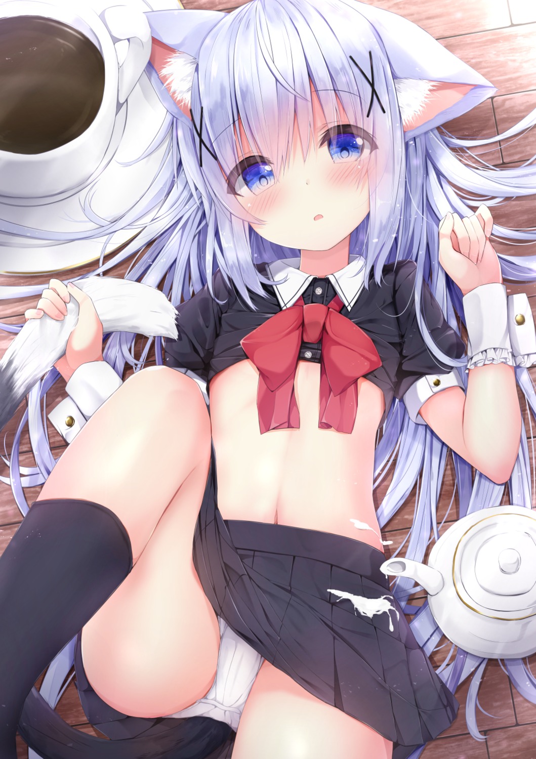 animal_ears cream fairy_eye gochuumon_wa_usagi_desu_ka? kafuu_chino loli nekomimi pantsu shirt_lift skirt_lift tail thighhighs waitress