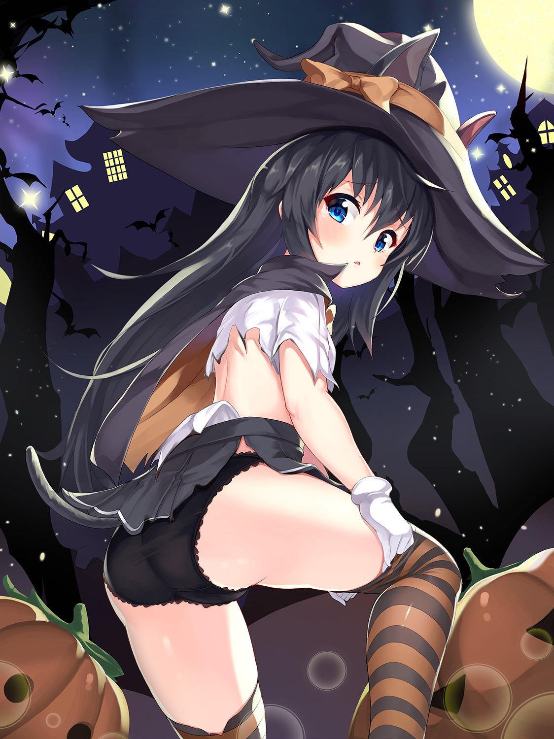 2drr animal_ears asashio_(kancolle) ass halloween kantai_collection pantsu tail thighhighs torn_clothes witch