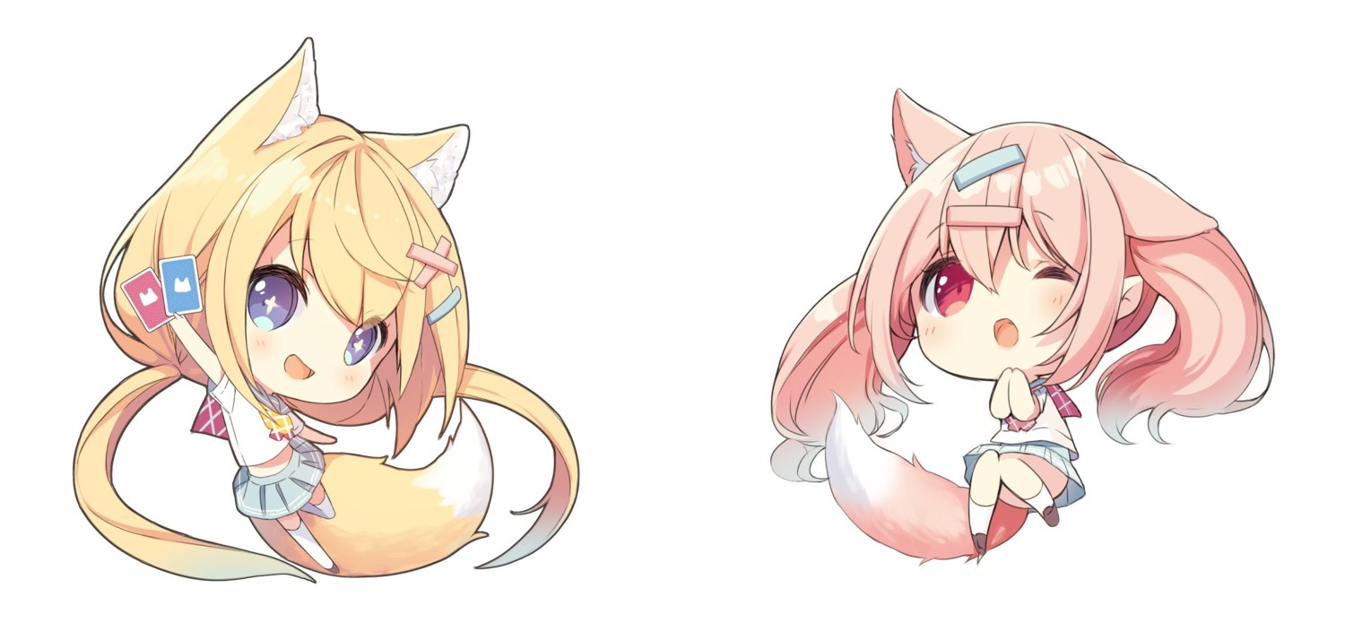 amamiya_aki amamiya_mei animal_ears chibi kitsune p19 seifuku tail thighhighs