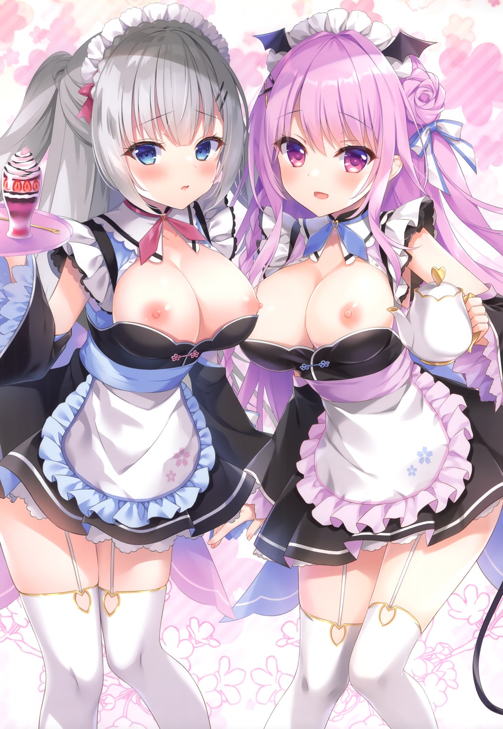 ameto_yuki breasts canele_(ameto_yuki) maid nanohana_kohina nipples no_bra stockings tail thighhighs