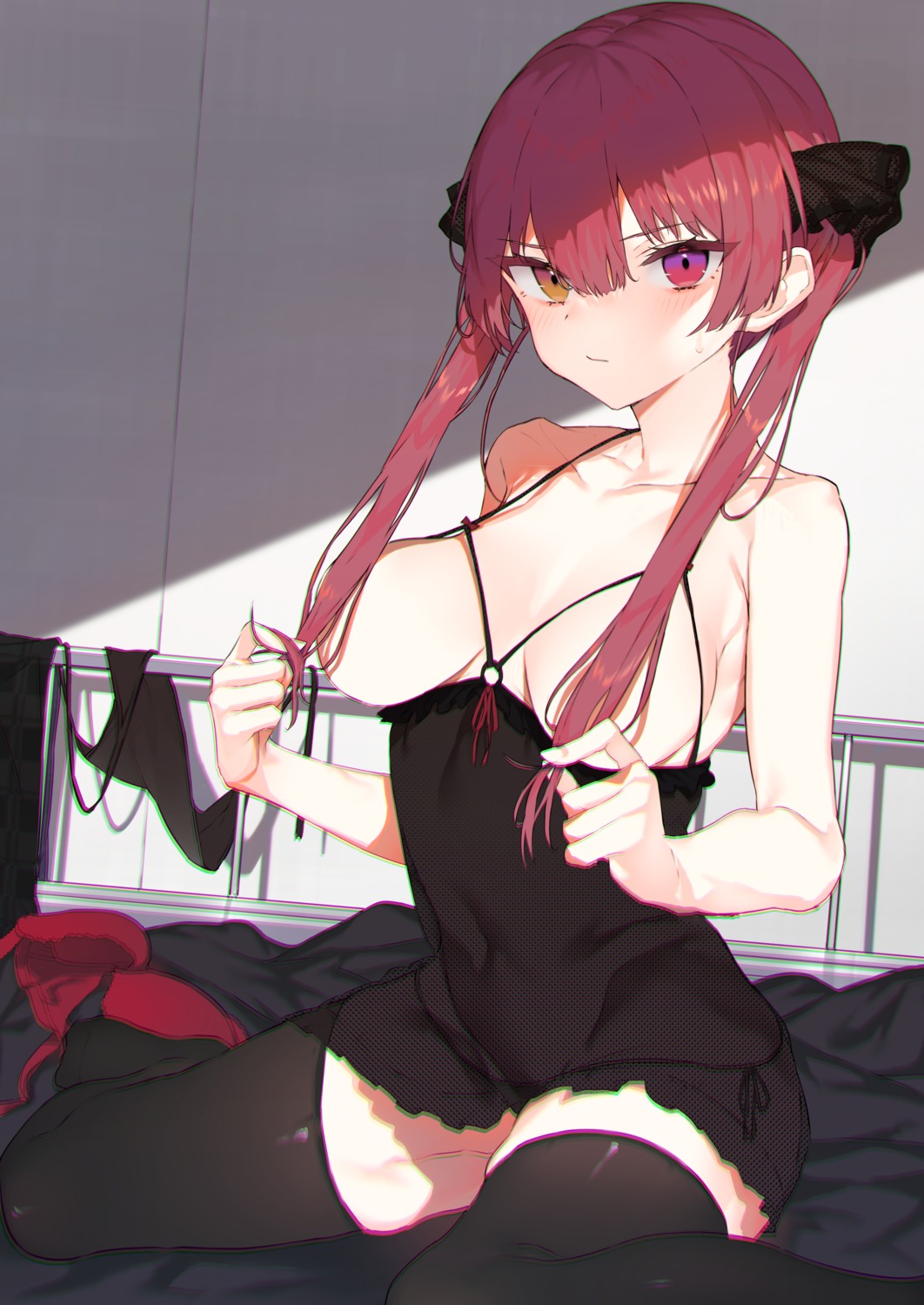 breasts heterochromia hololive houshou_marine lingerie no_bra pantsu pomesaurus see_through string_panties thighhighs